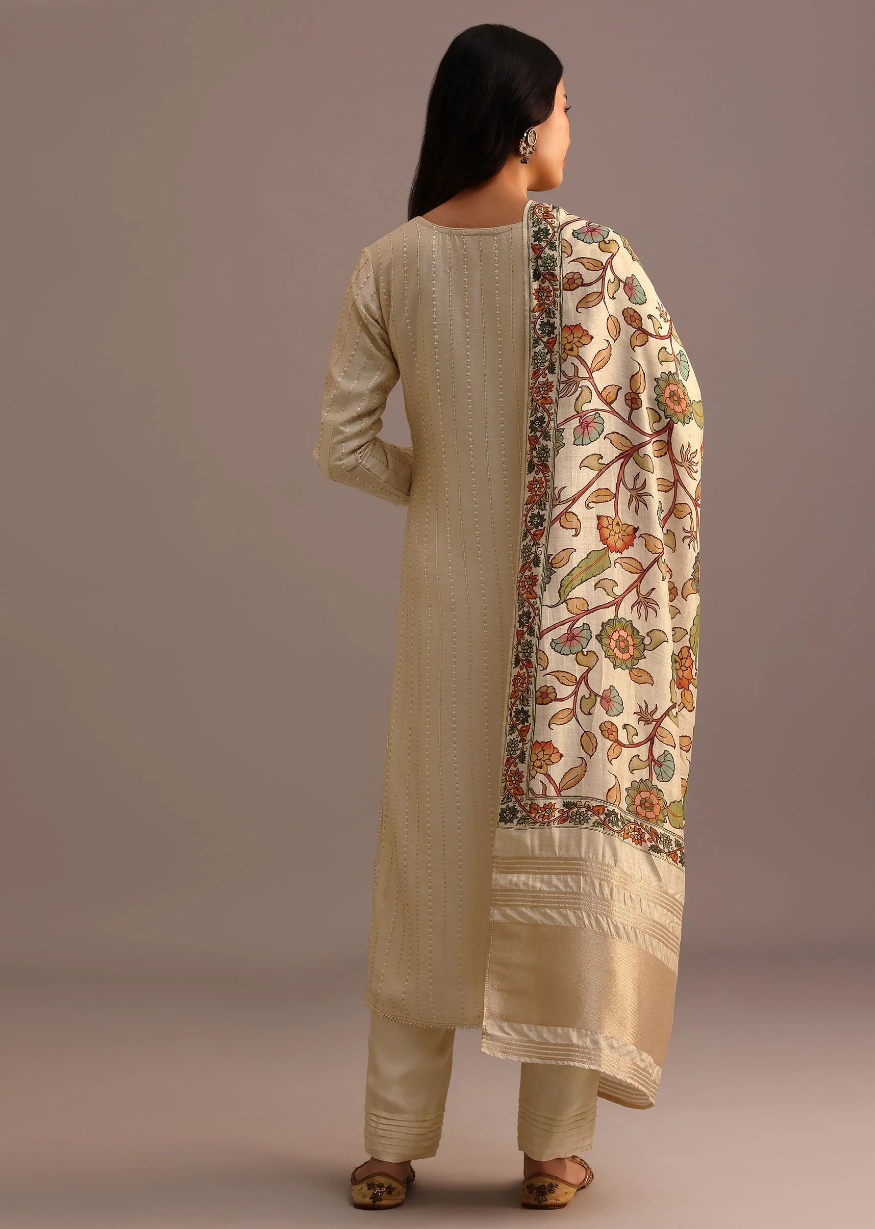Beige Embroidered Kurti Pant Set With Kalamkari Printed Chanderi Dupatta - Image 5