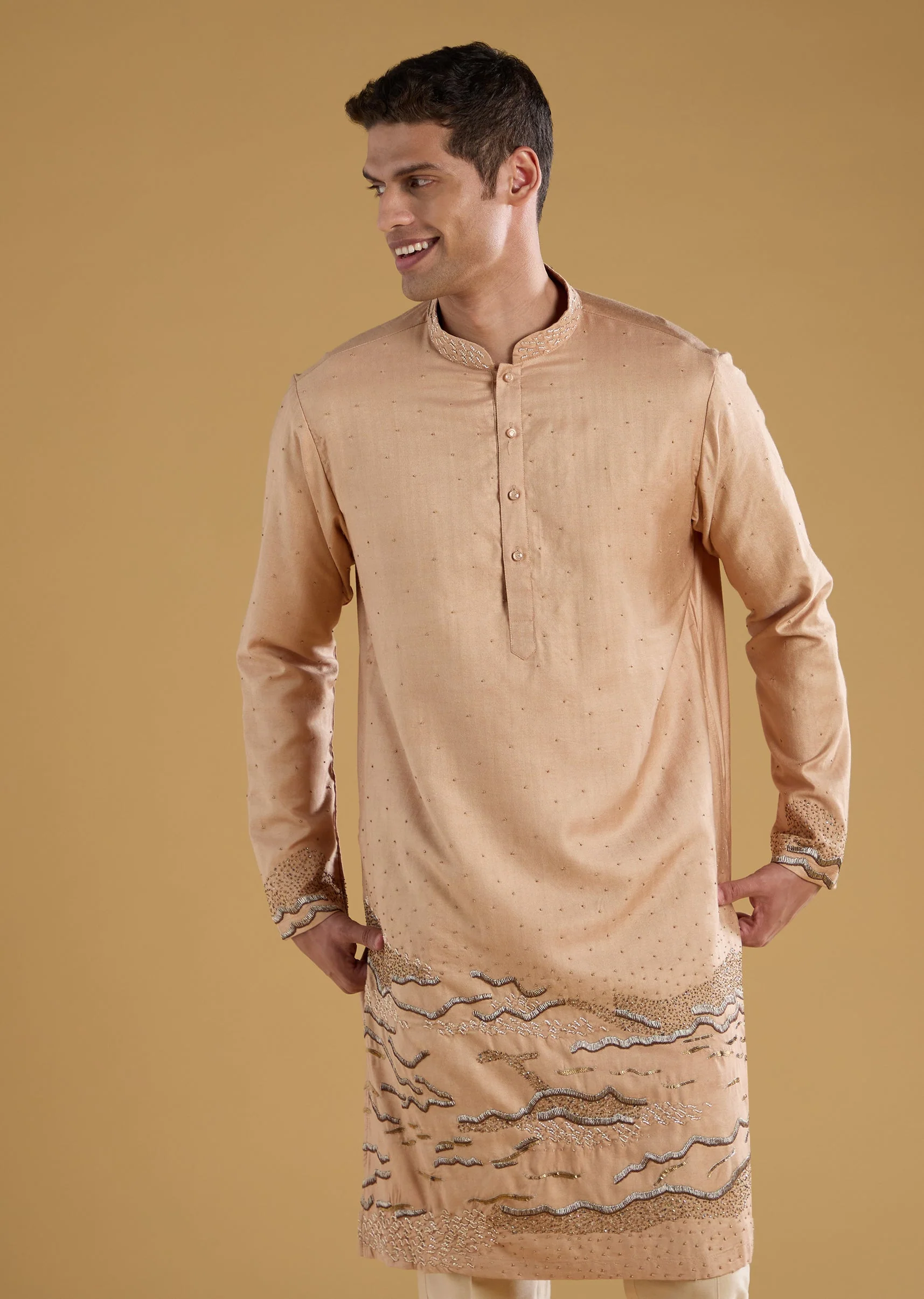 Beige Embroidered Mens Kurta Pant Set - Image 4