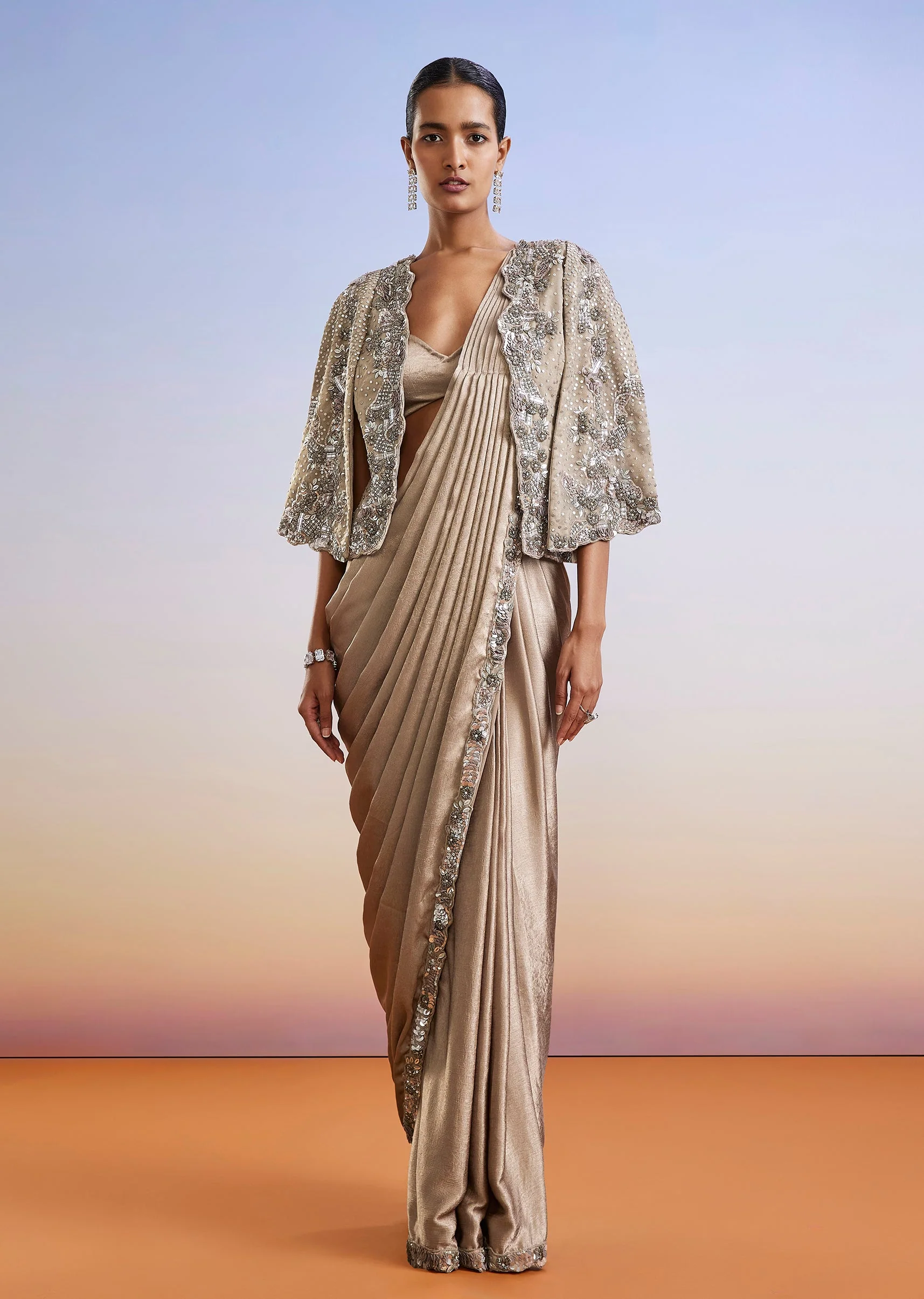 Beige Embroidered Ready Pleated Saree With Cape Jacket - Image 3
