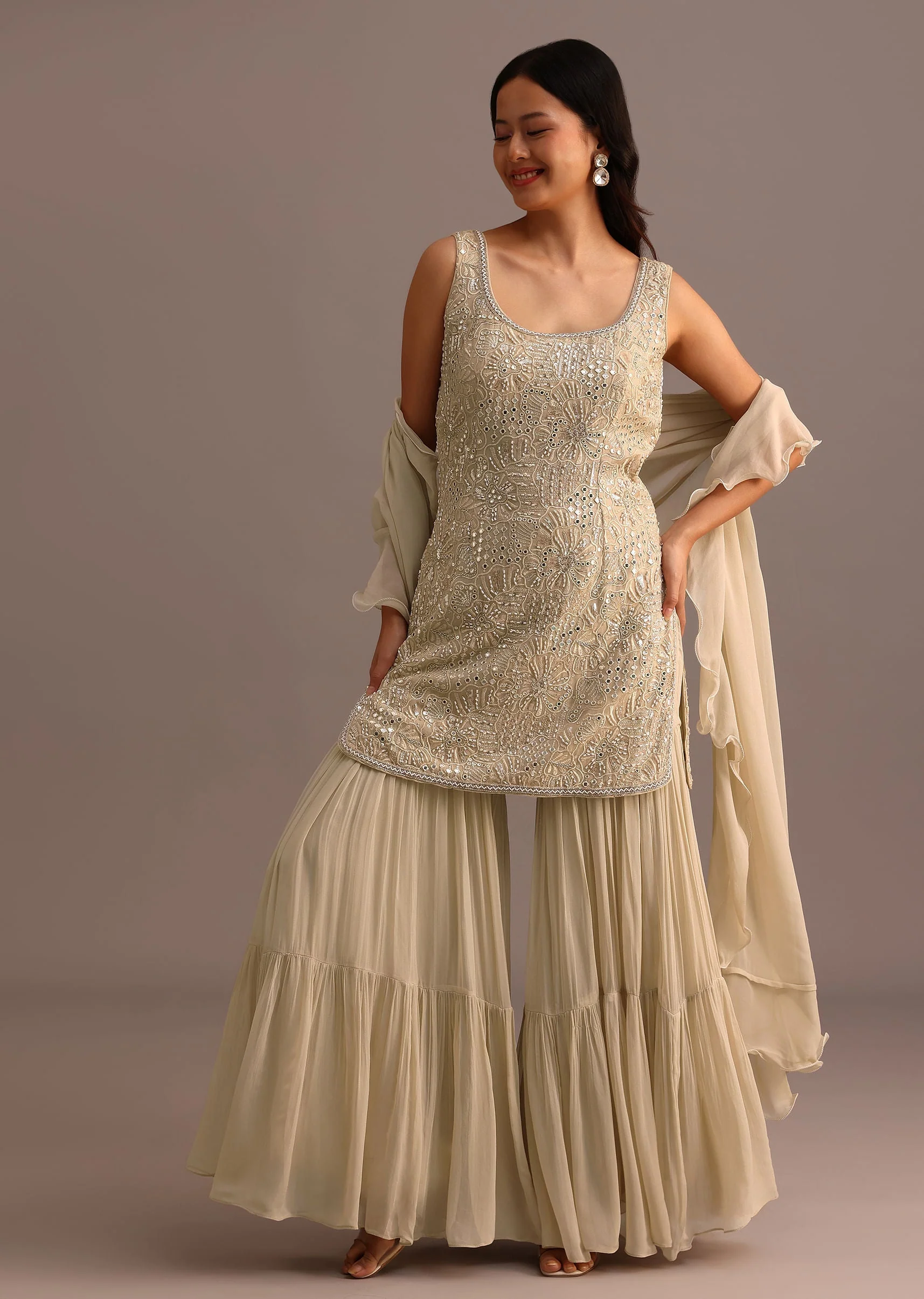 Beige Embroidered Sharara Set With Dupatta - Image 3
