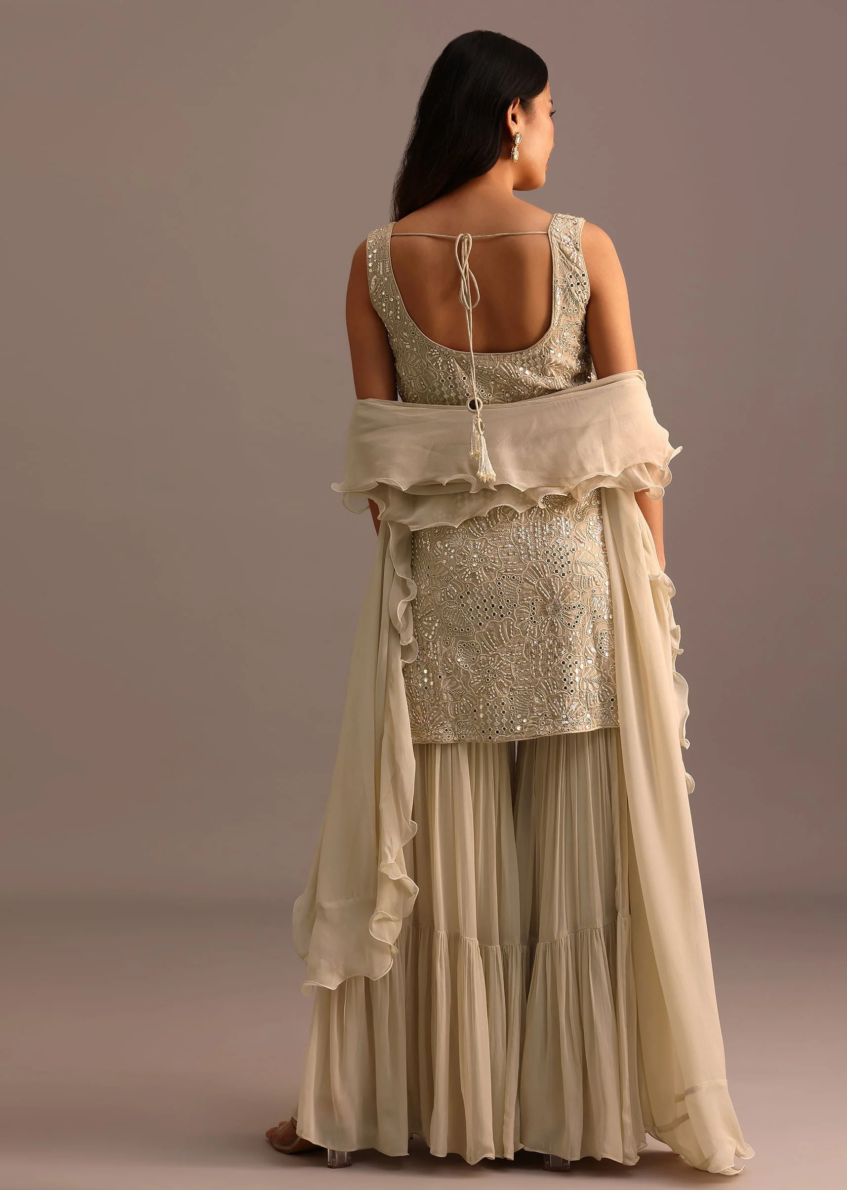 Beige Embroidered Sharara Set With Dupatta - Image 5