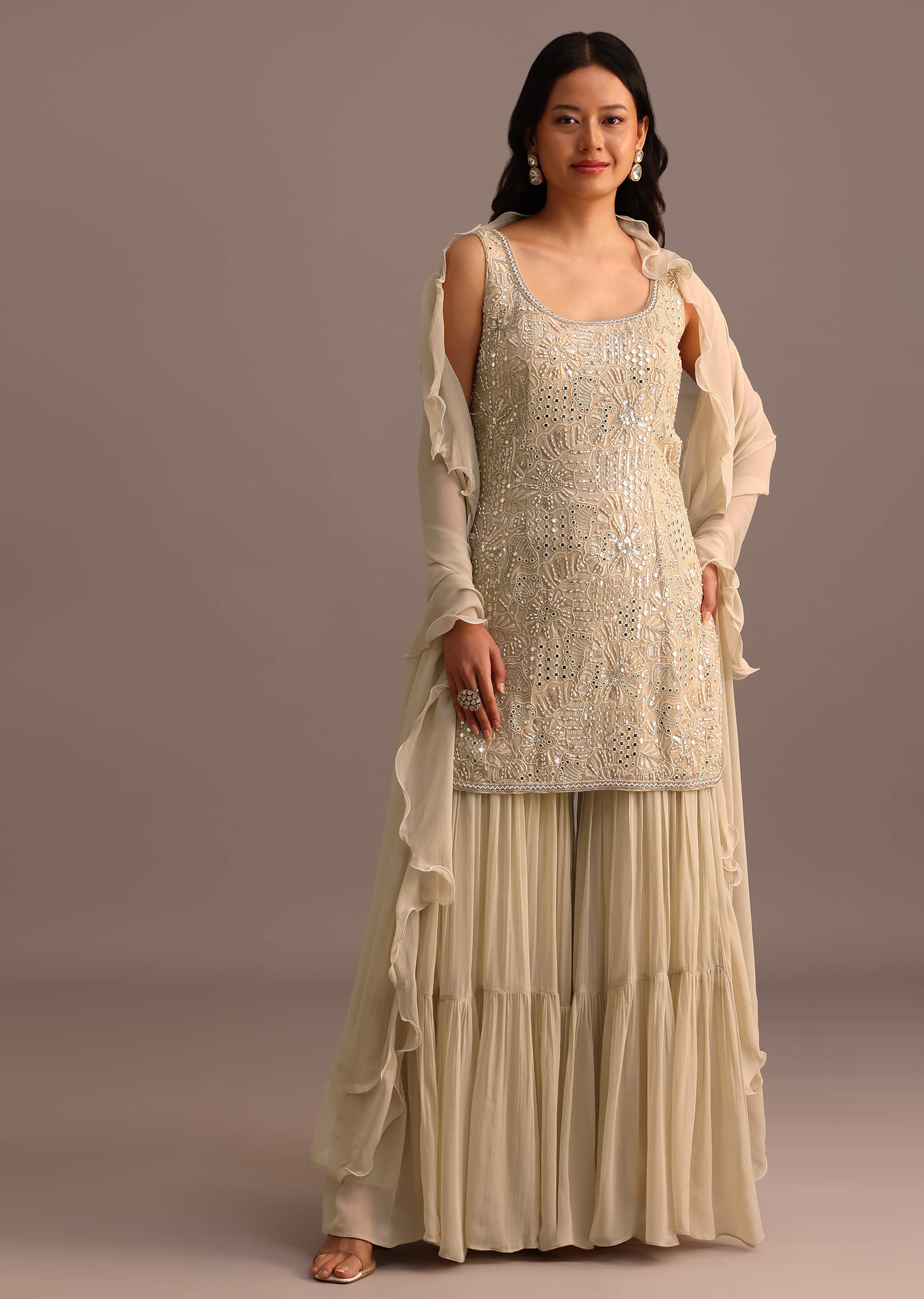 Beige Embroidered Sharara Set With Dupatta - Image 7