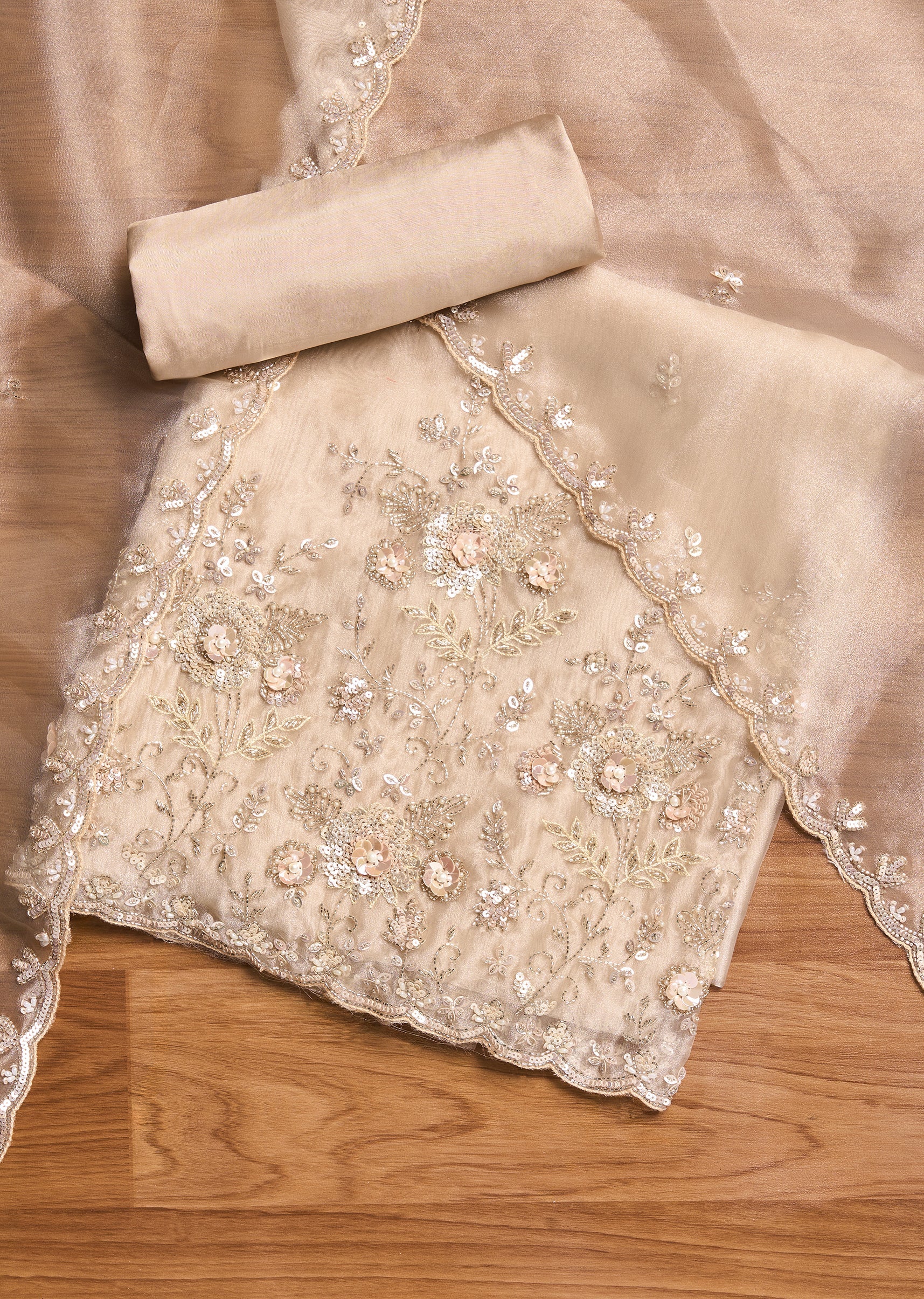 Beige Embroidered Tissue Suit