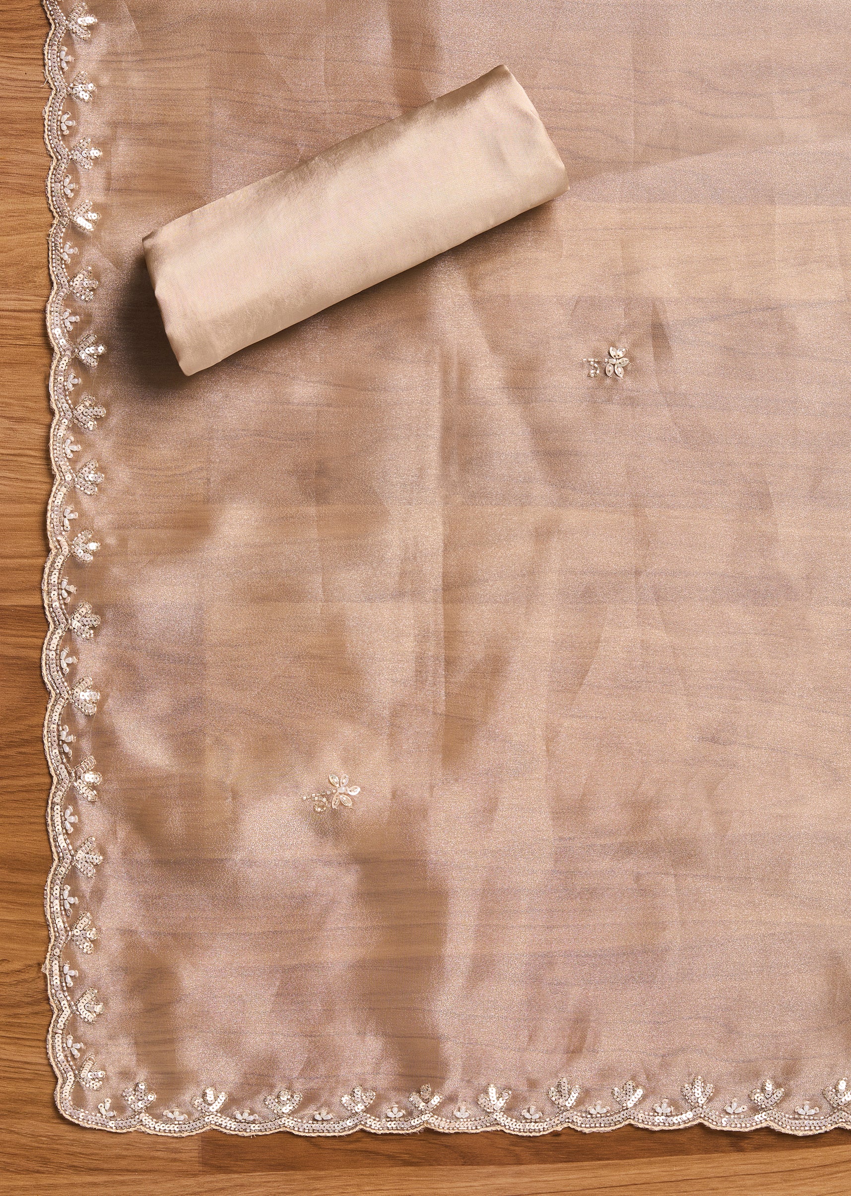 Beige Embroidered Tissue Suit - Image 3