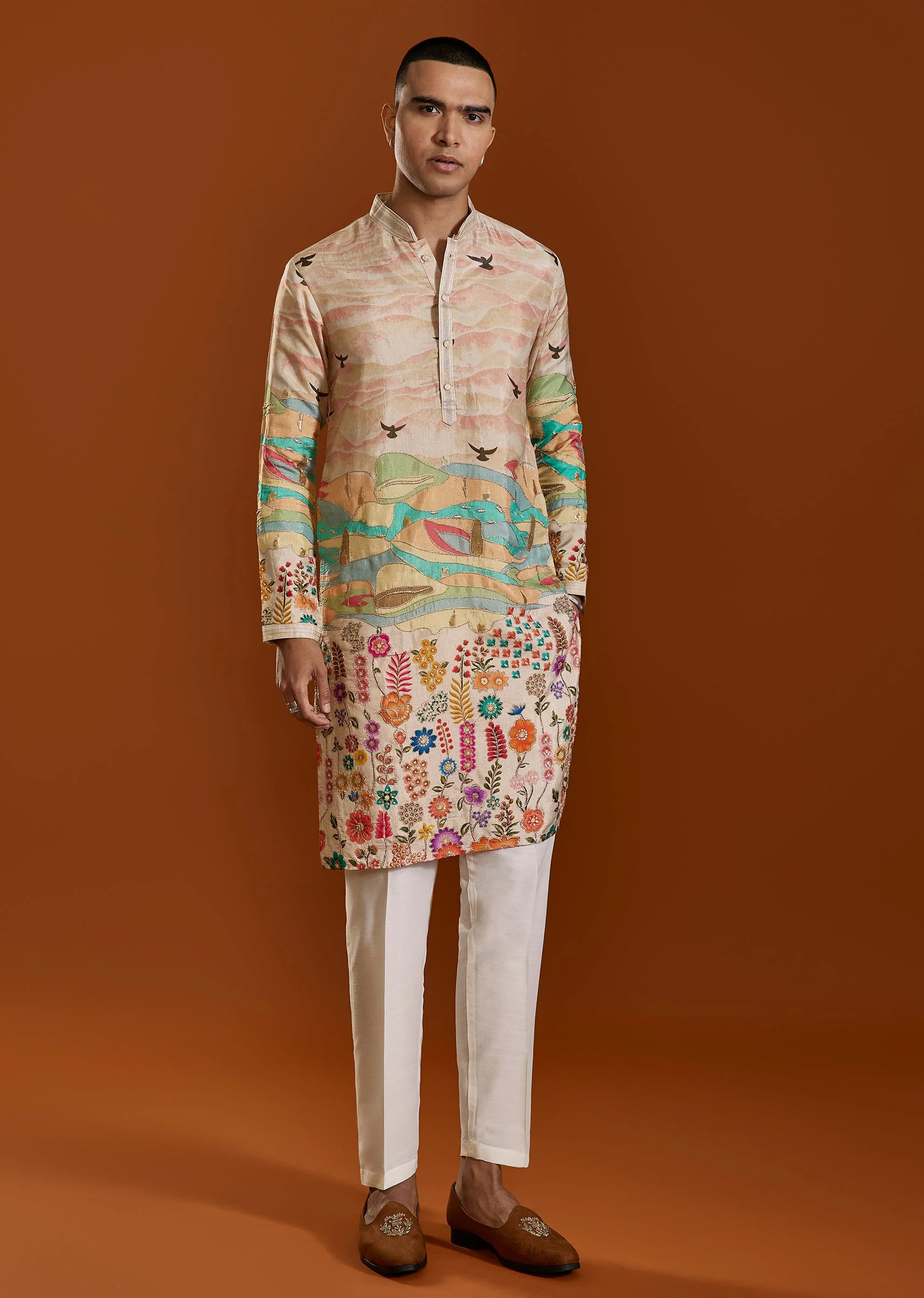 Beige Embroidered Viscose Kurta Set