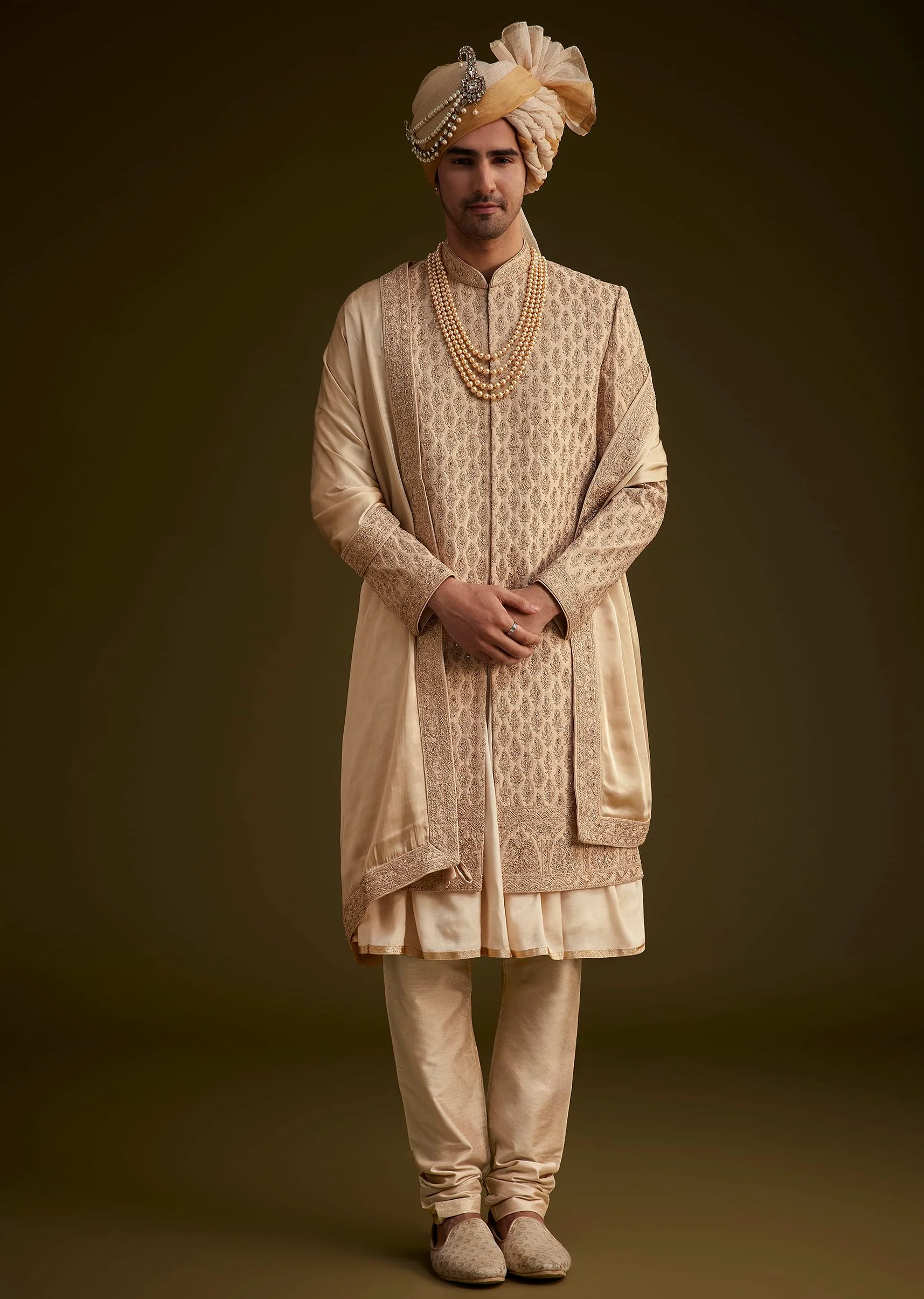 Beige Fawn Silk Sherwani Set With Embellished Dupatta Border - Image 2
