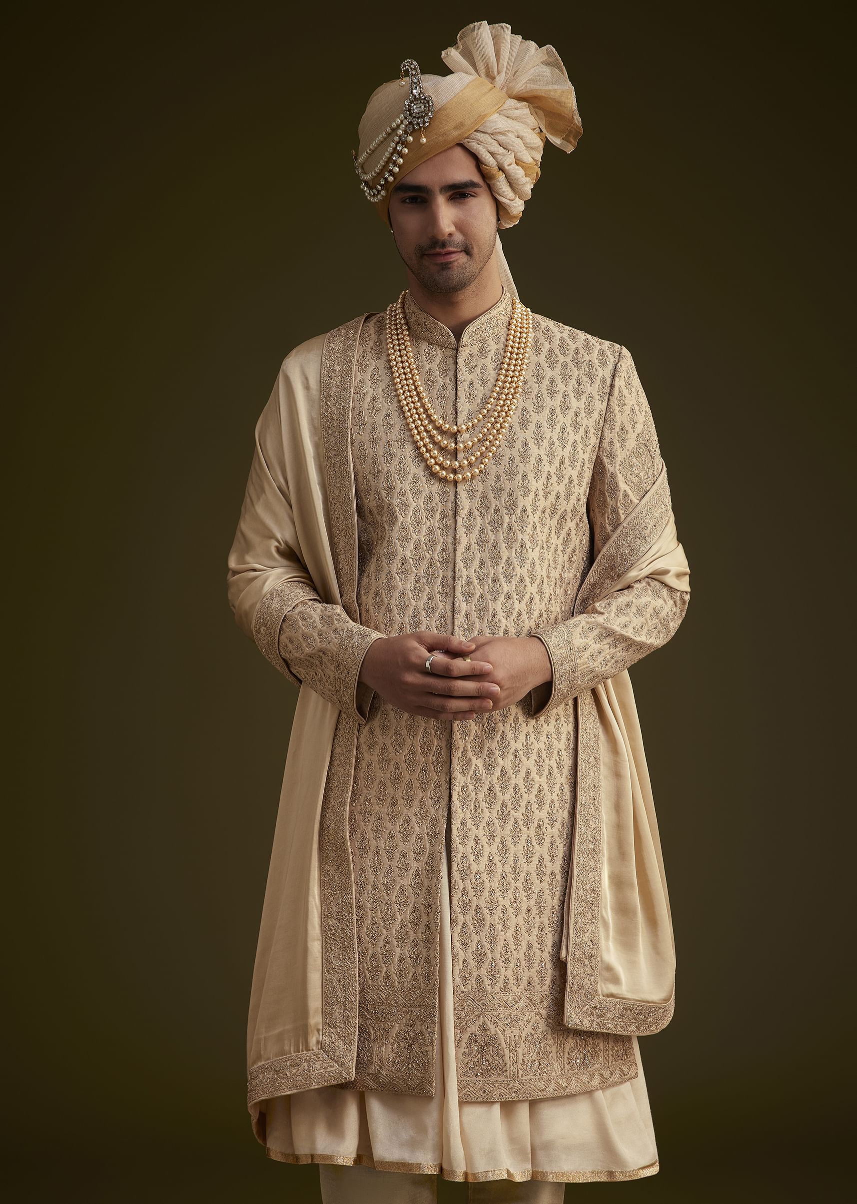 Beige Fawn Silk Sherwani Set With Embellished Dupatta Border - Image 4