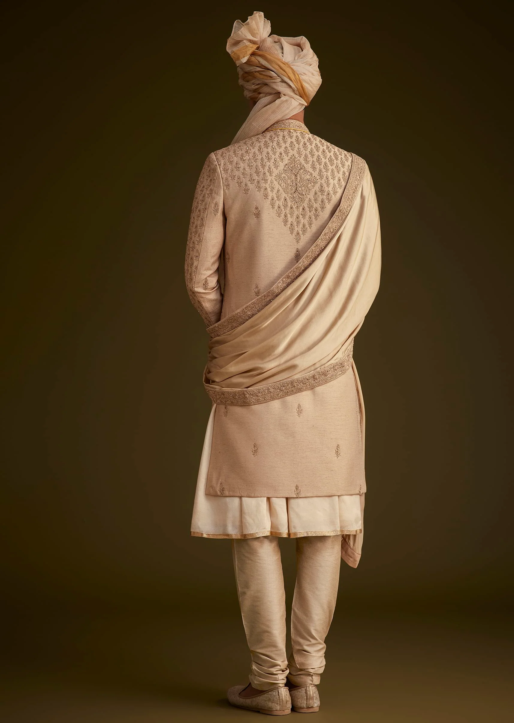 Beige Fawn Silk Sherwani Set With Embellished Dupatta Border - Image 5