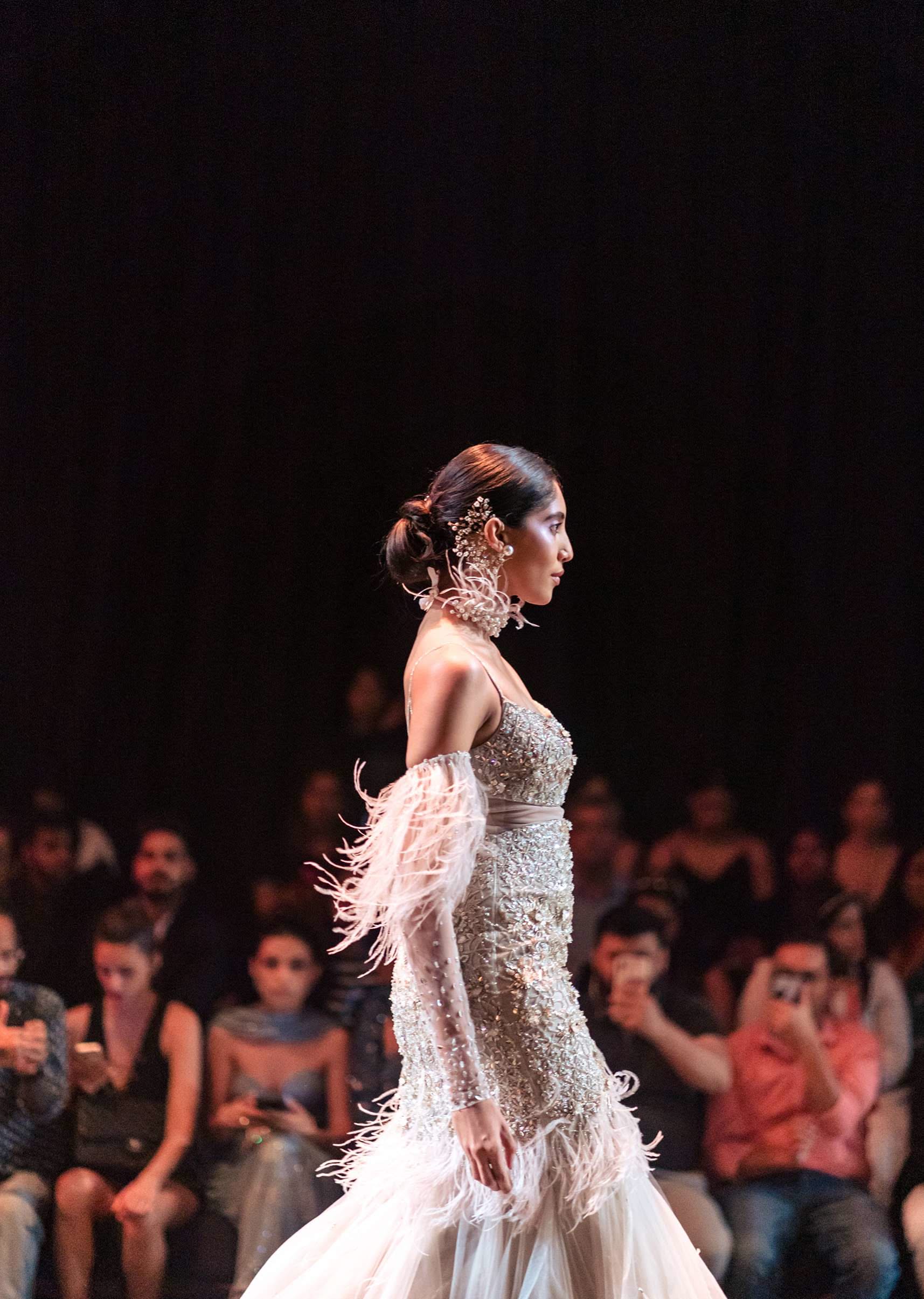 Beige Fish-Cut Gown With 3D Feathers And Floral Motif Embroidery - Image 2