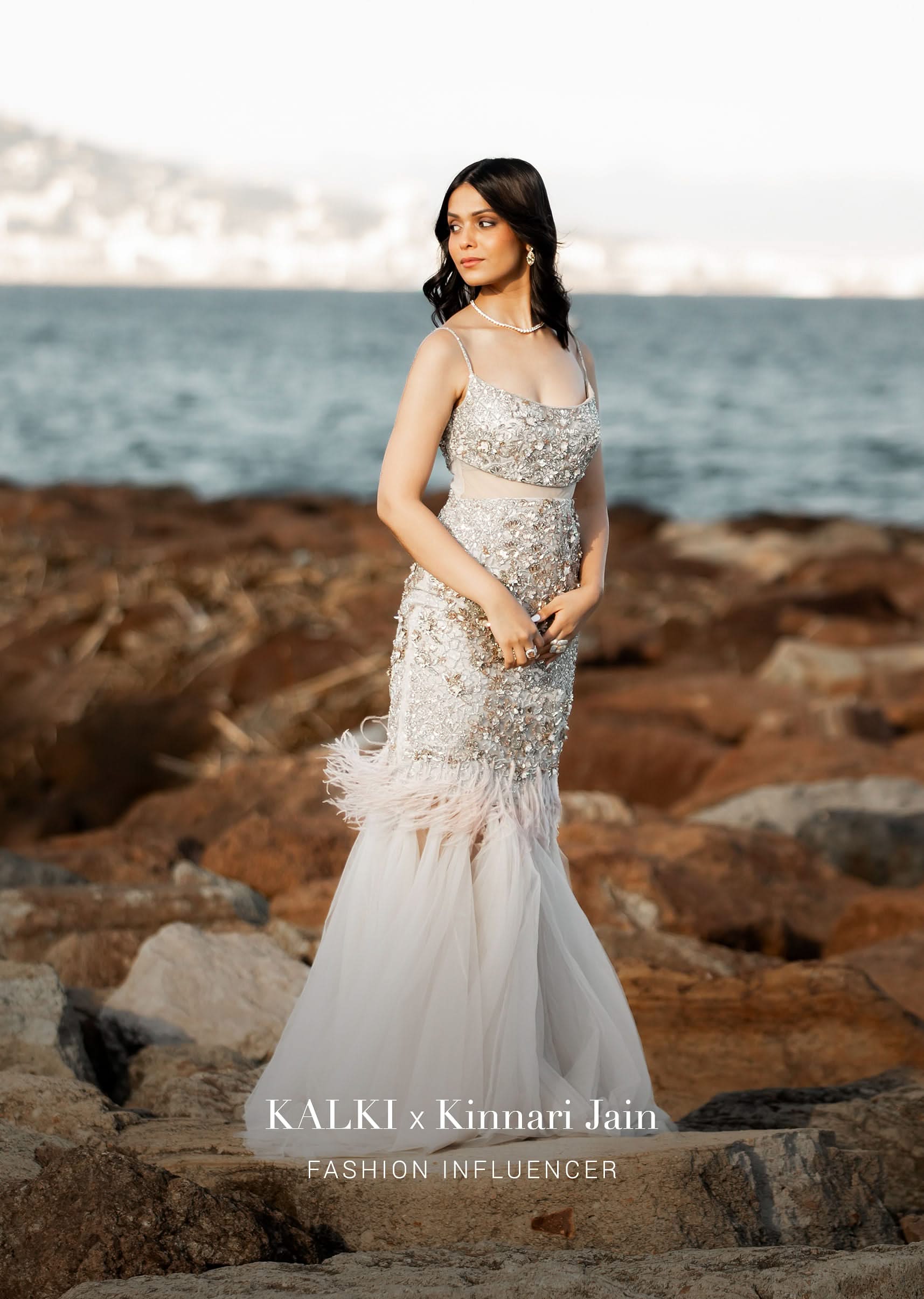 Beige Fish-Cut Gown With 3D Feathers And Floral Motif Embroidery - Image 3
