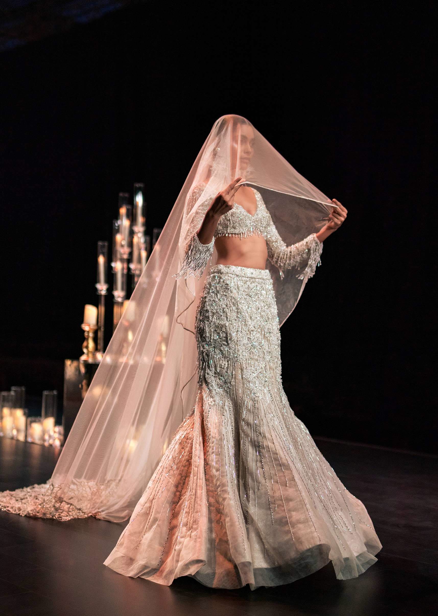 Beige Fish-Cut Lehenga And Blouse With Crystal Tassels - Image 2