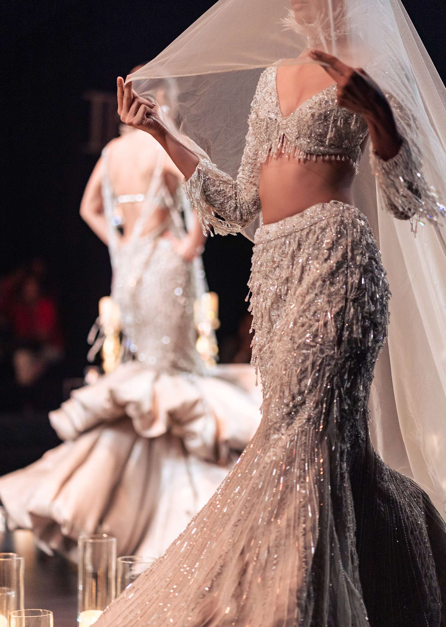 Beige Fish-Cut Lehenga And Blouse With Crystal Tassels - Image 3