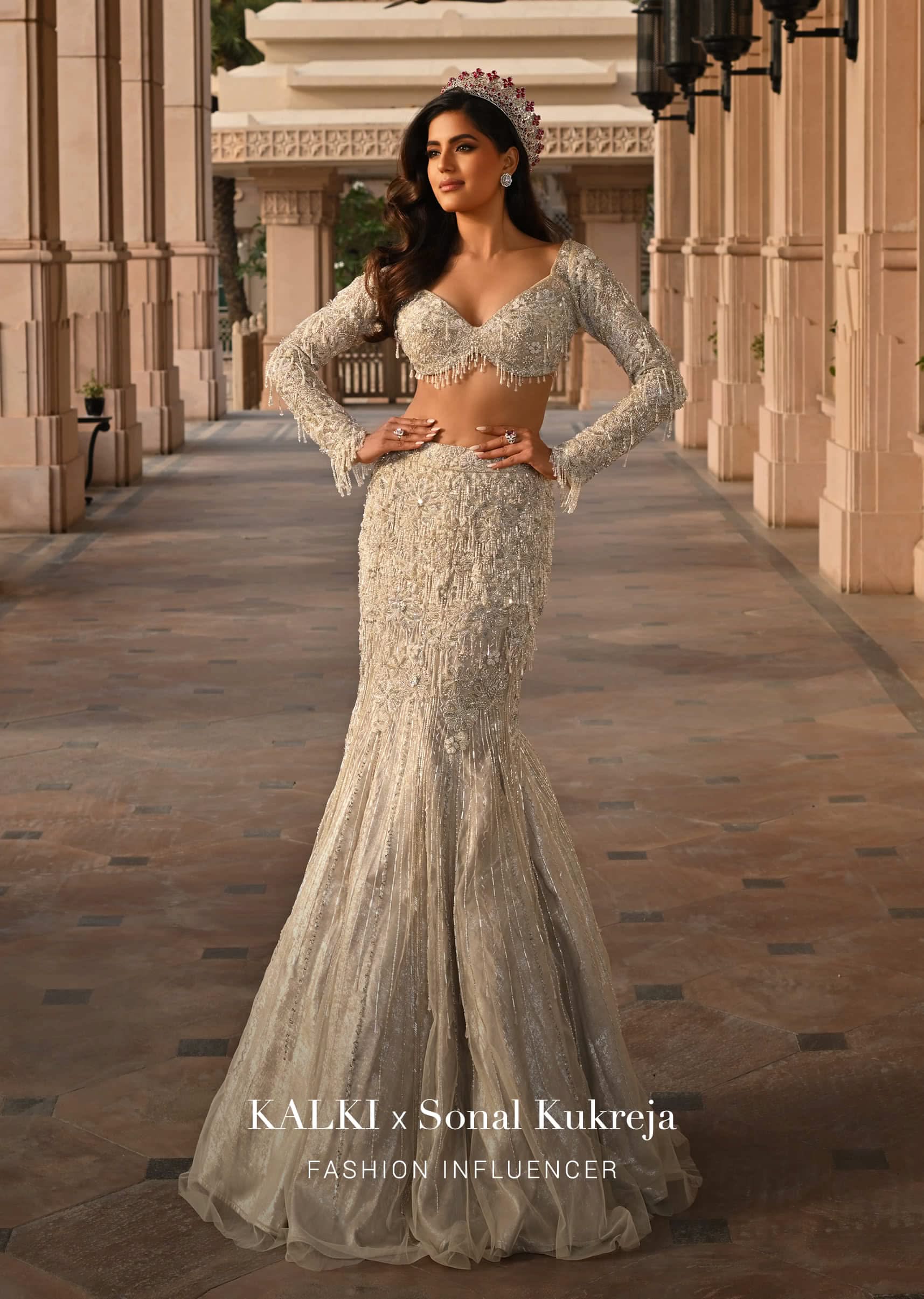 Beige Fish-Cut Lehenga And Blouse With Crystal Tassels - Image 7