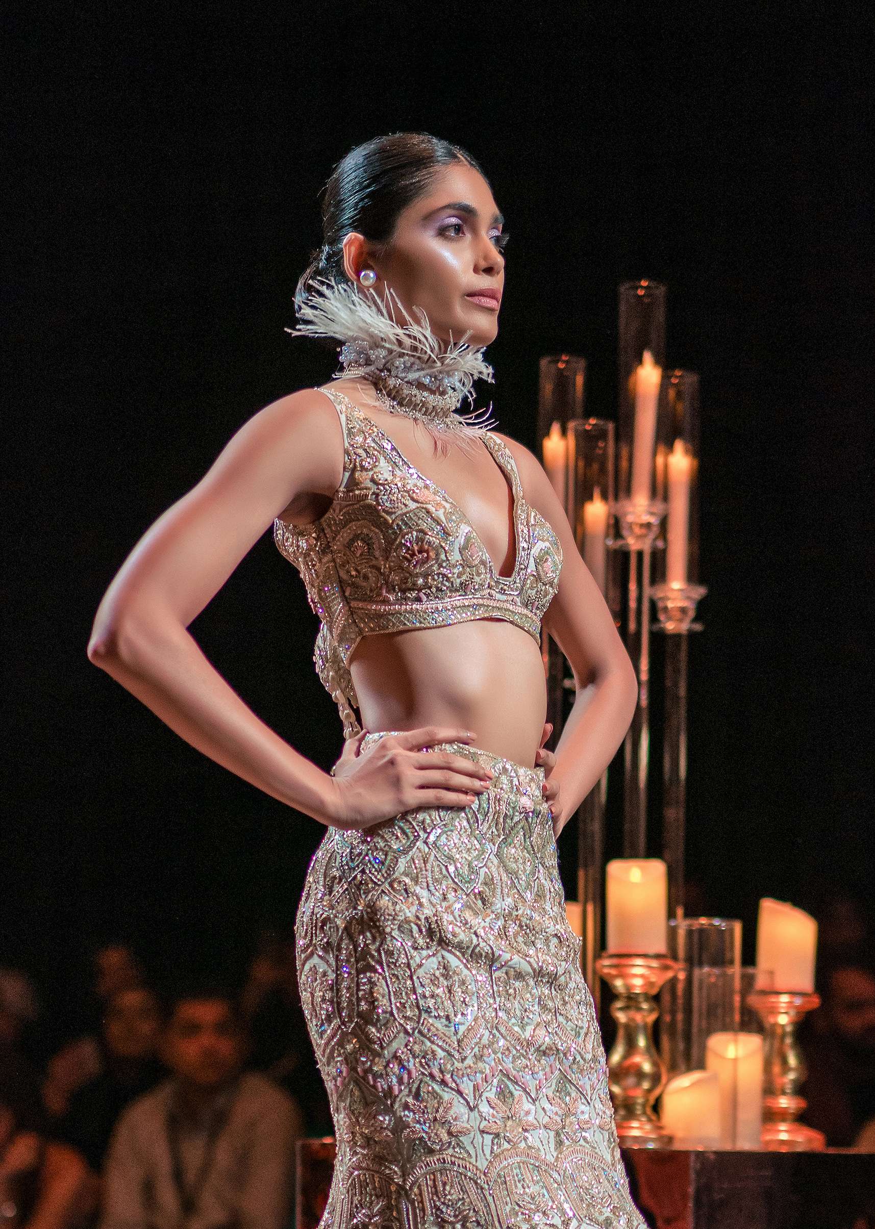 Beige Fish-Cut Trail Lehenga Set With Hand Work Pearl Embroidery And 3D Floral Motifs - Image 2