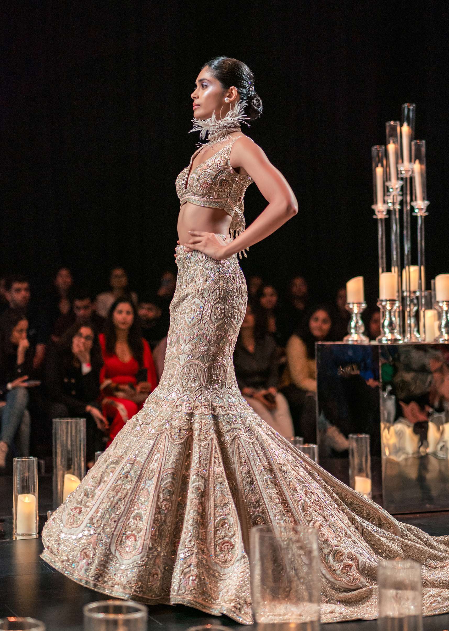 Beige Fish-Cut Trail Lehenga Set With Hand Work Pearl Embroidery And 3D Floral Motifs - Image 3