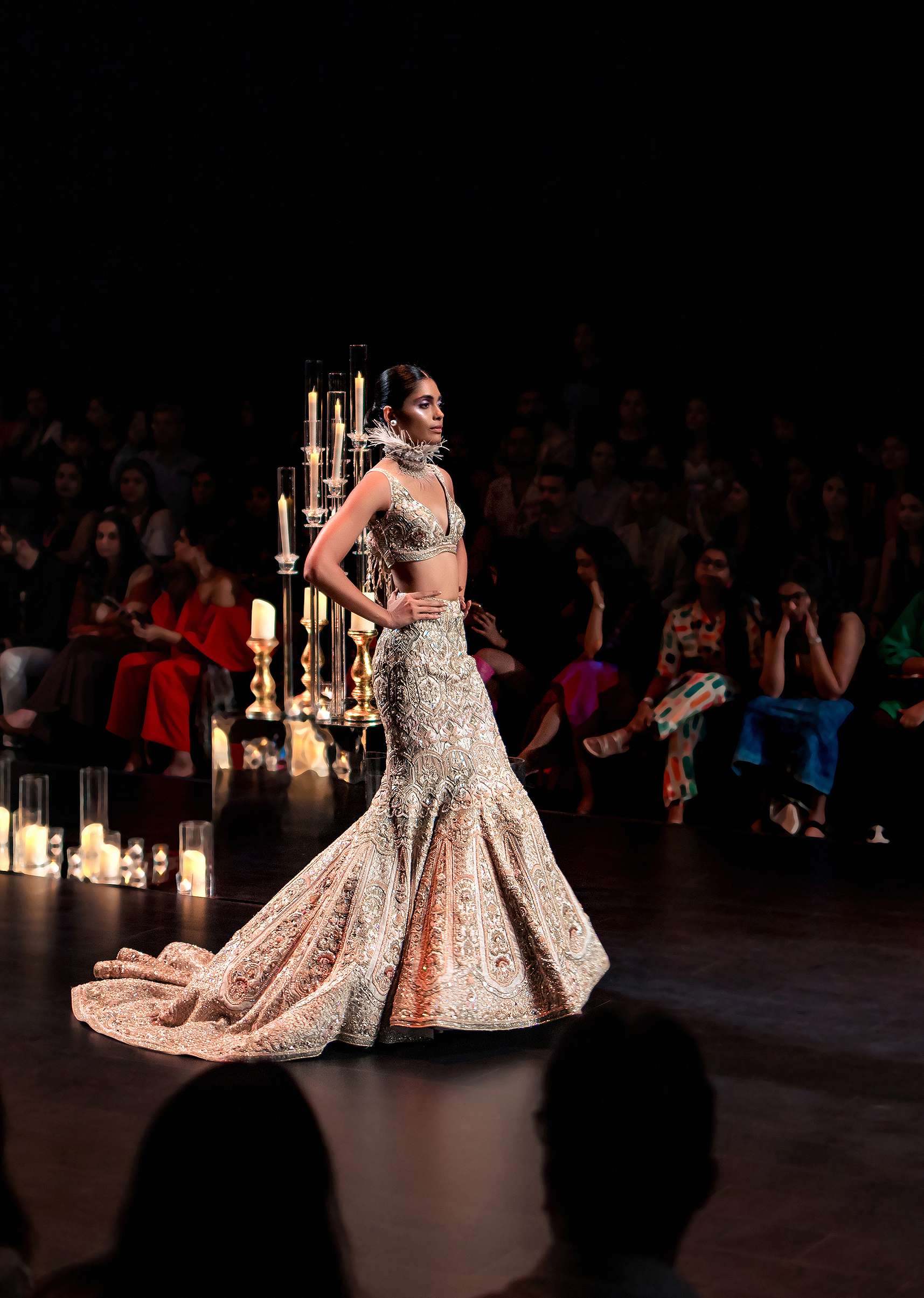 Beige Fish-Cut Trail Lehenga Set With Hand Work Pearl Embroidery And 3D Floral Motifs - Image 4