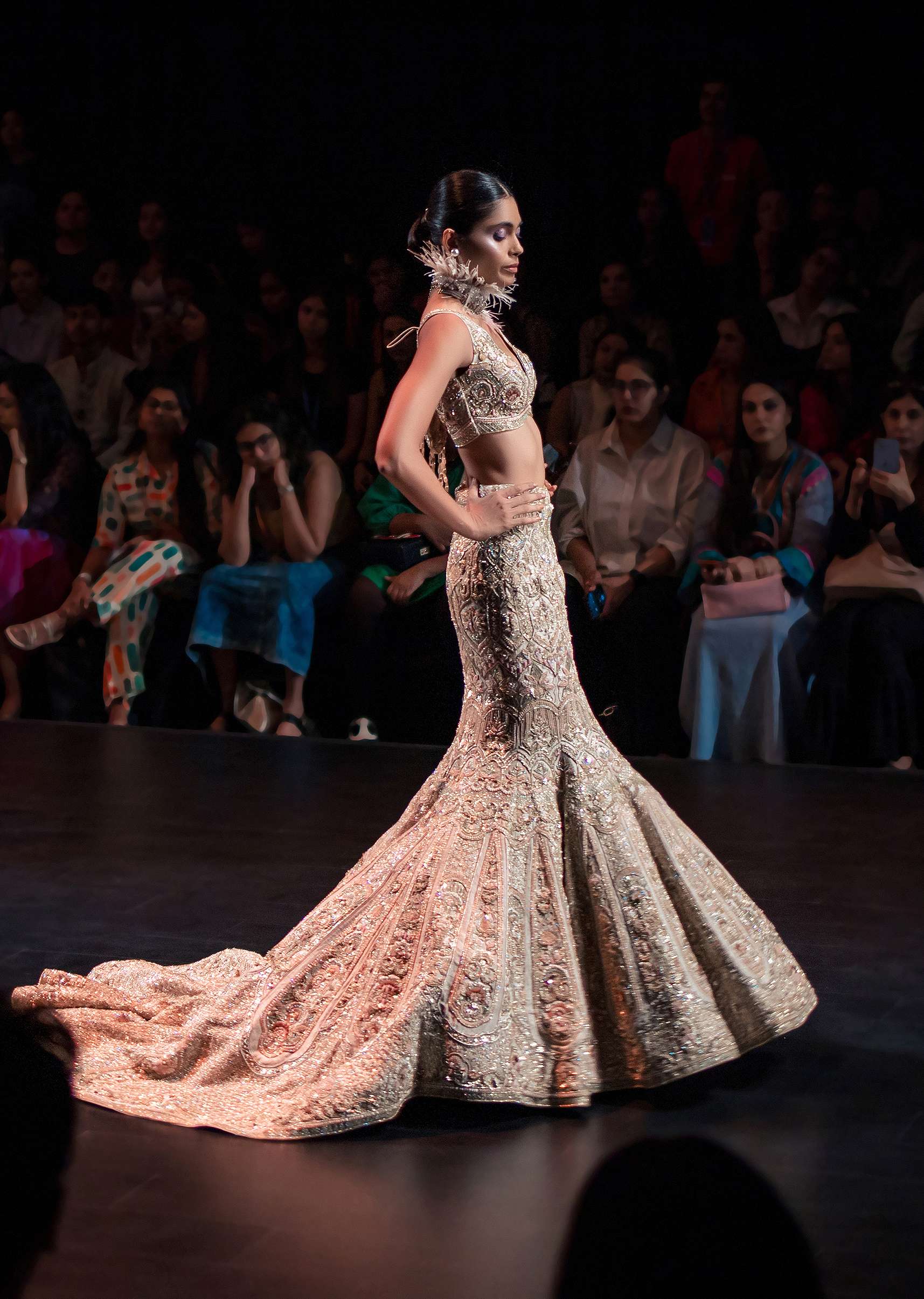 Beige Fish-Cut Trail Lehenga Set With Hand Work Pearl Embroidery And 3D Floral Motifs - Image 5