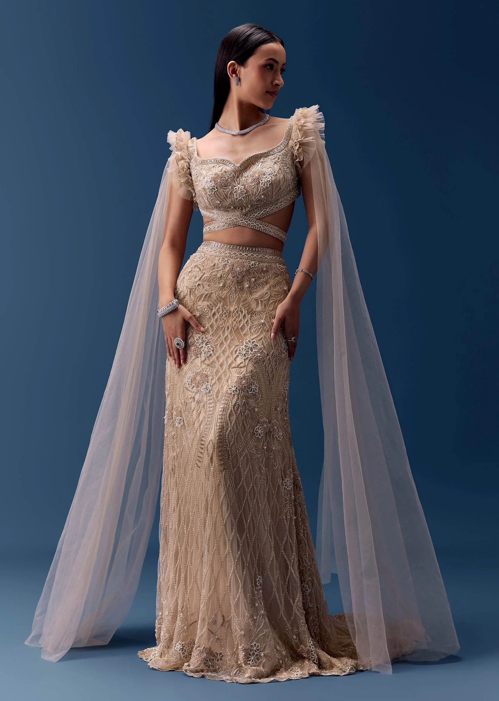 Beige Fishcut Lehenga with Draped Ruffle Blouse
