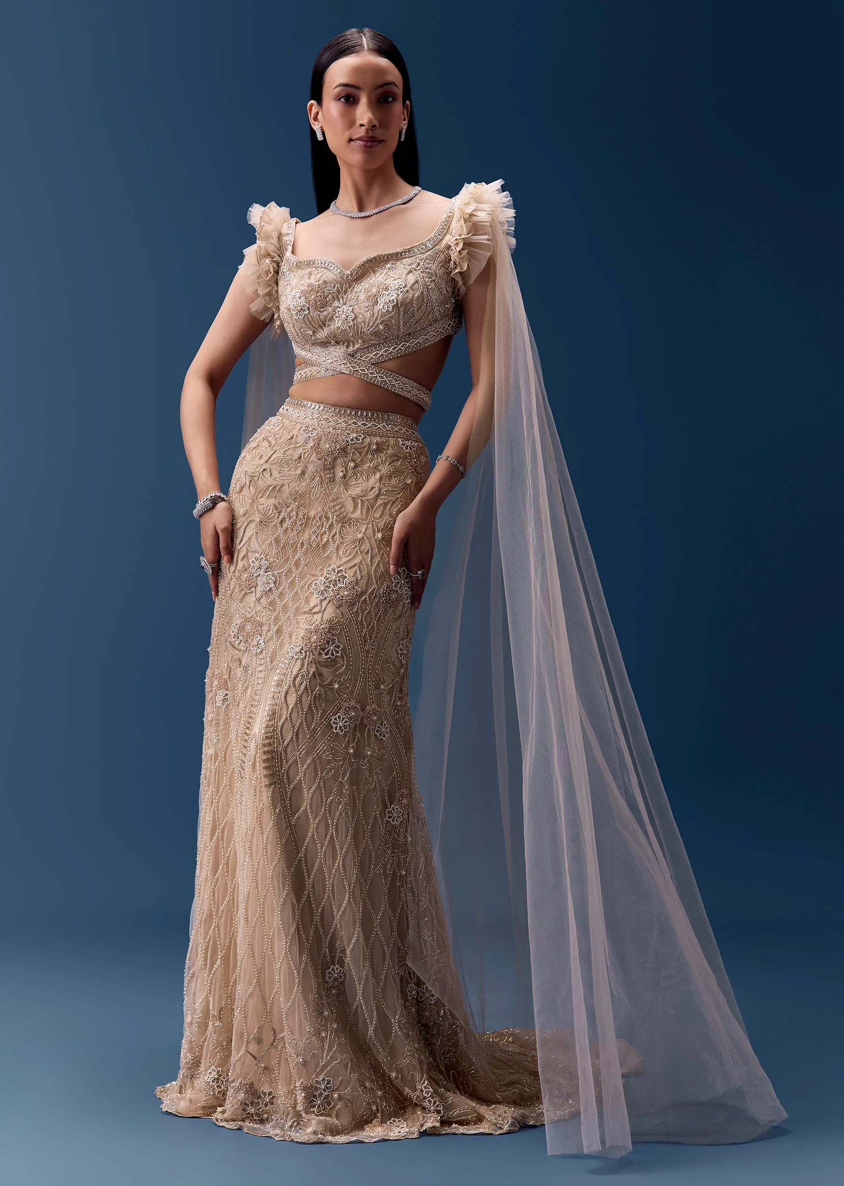 Beige Fishcut Lehenga with Draped Ruffle Blouse - Image 4