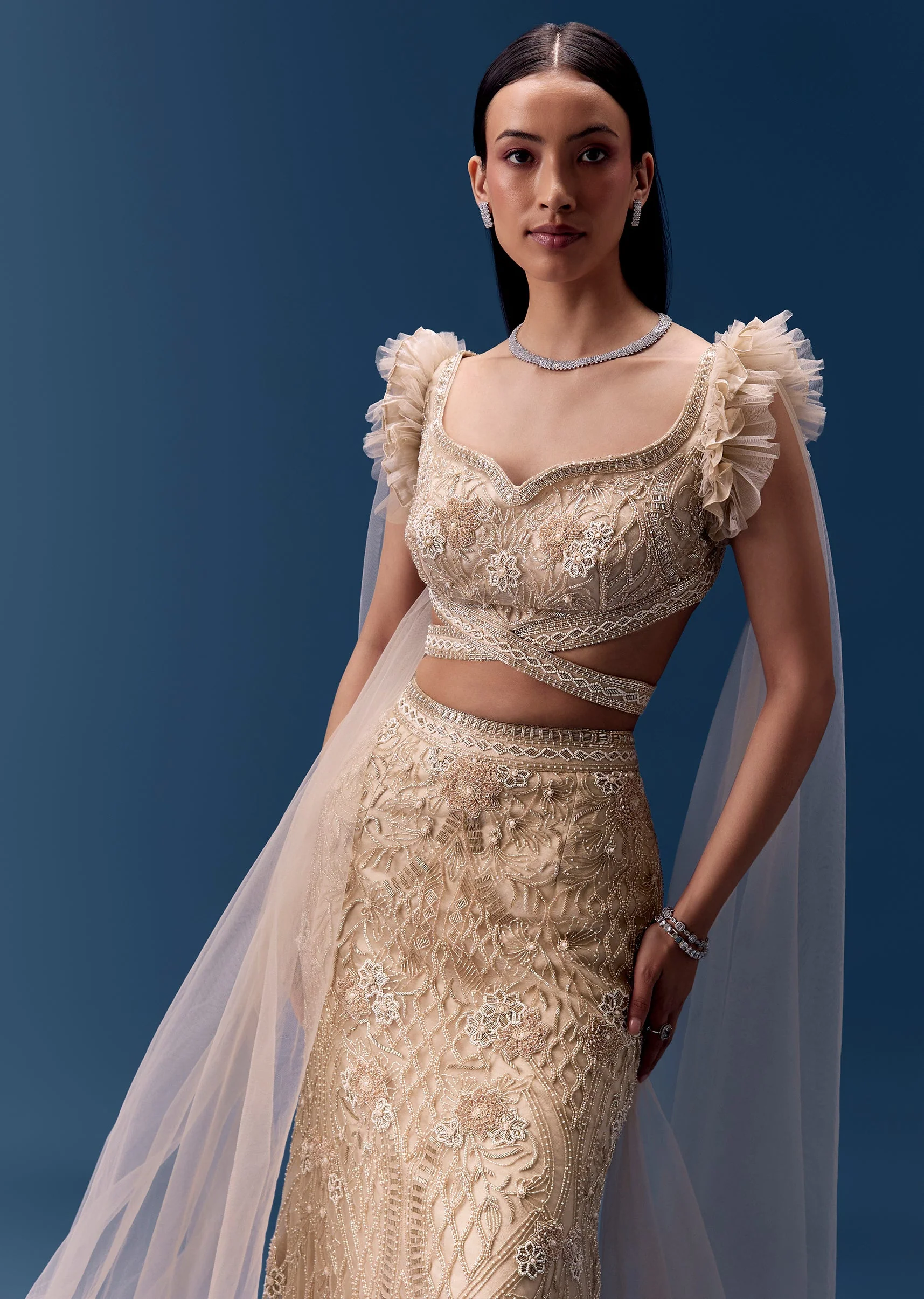 Beige Fishcut Lehenga with Draped Ruffle Blouse - Image 6