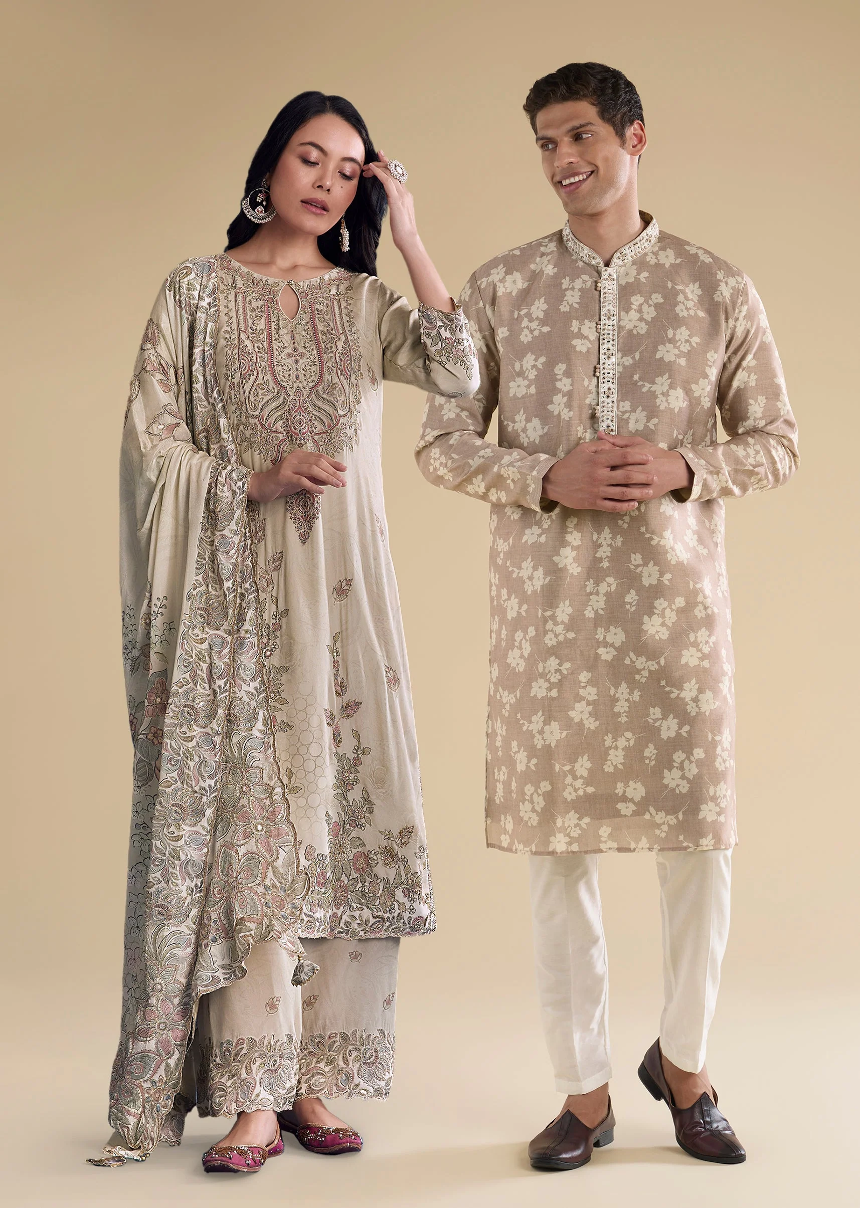 Beige Floral Coordinated Look – Crepe Zari Kurta Set For Her And Beige Embroidered Kurta Set For Him