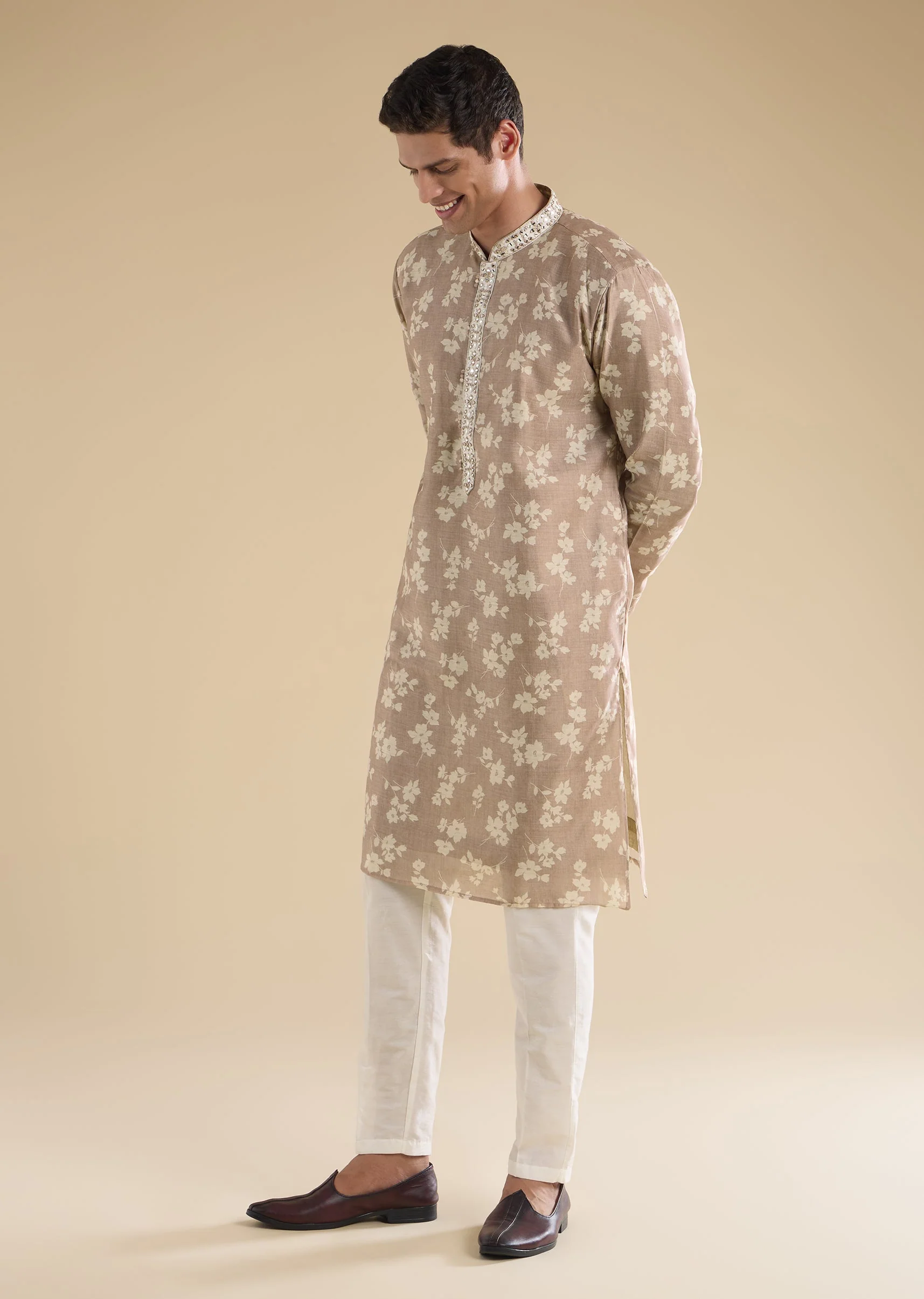 Beige Floral Coordinated Look – Crepe Zari Kurta Set For Her And Beige Embroidered Kurta Set For Him - Image 10