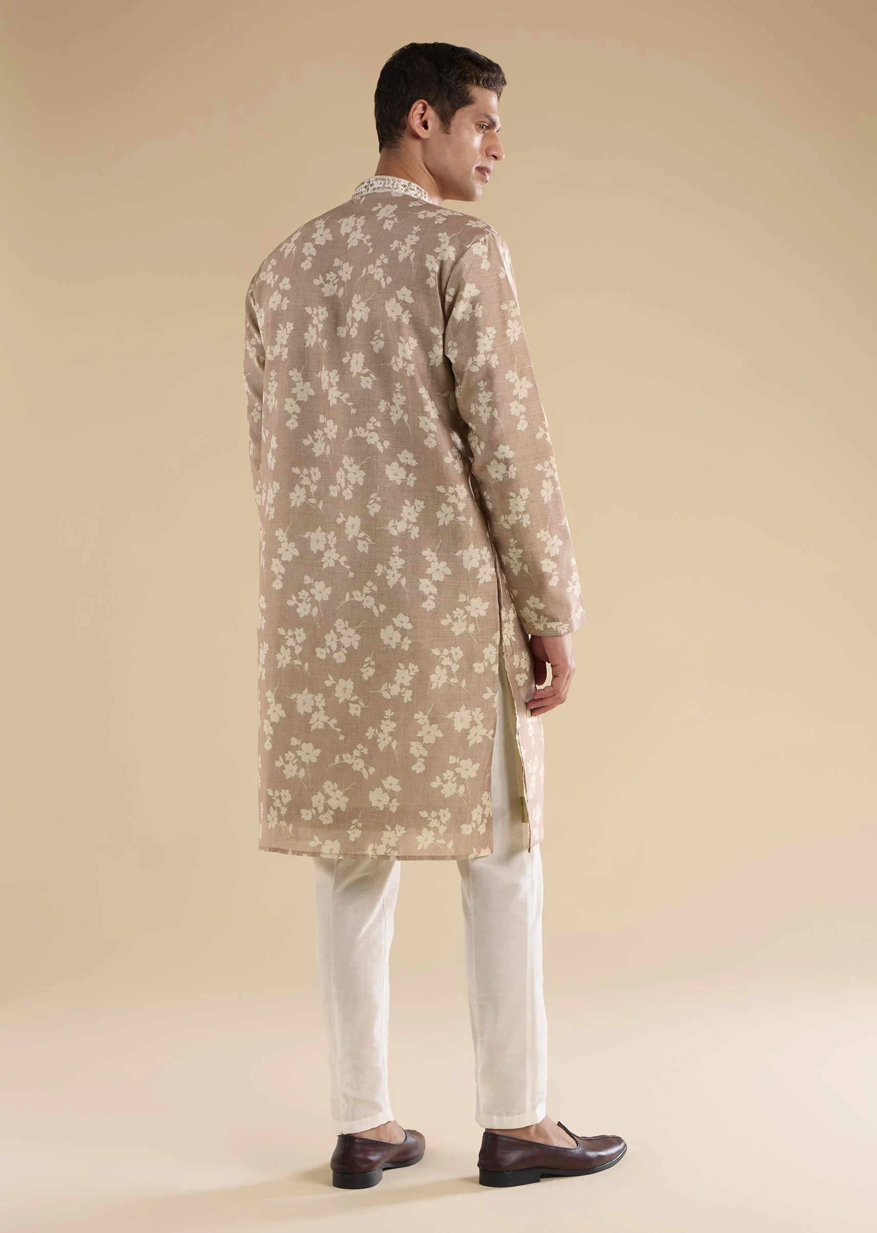 Beige Floral Coordinated Look – Crepe Zari Kurta Set For Her And Beige Embroidered Kurta Set For Him - Image 11