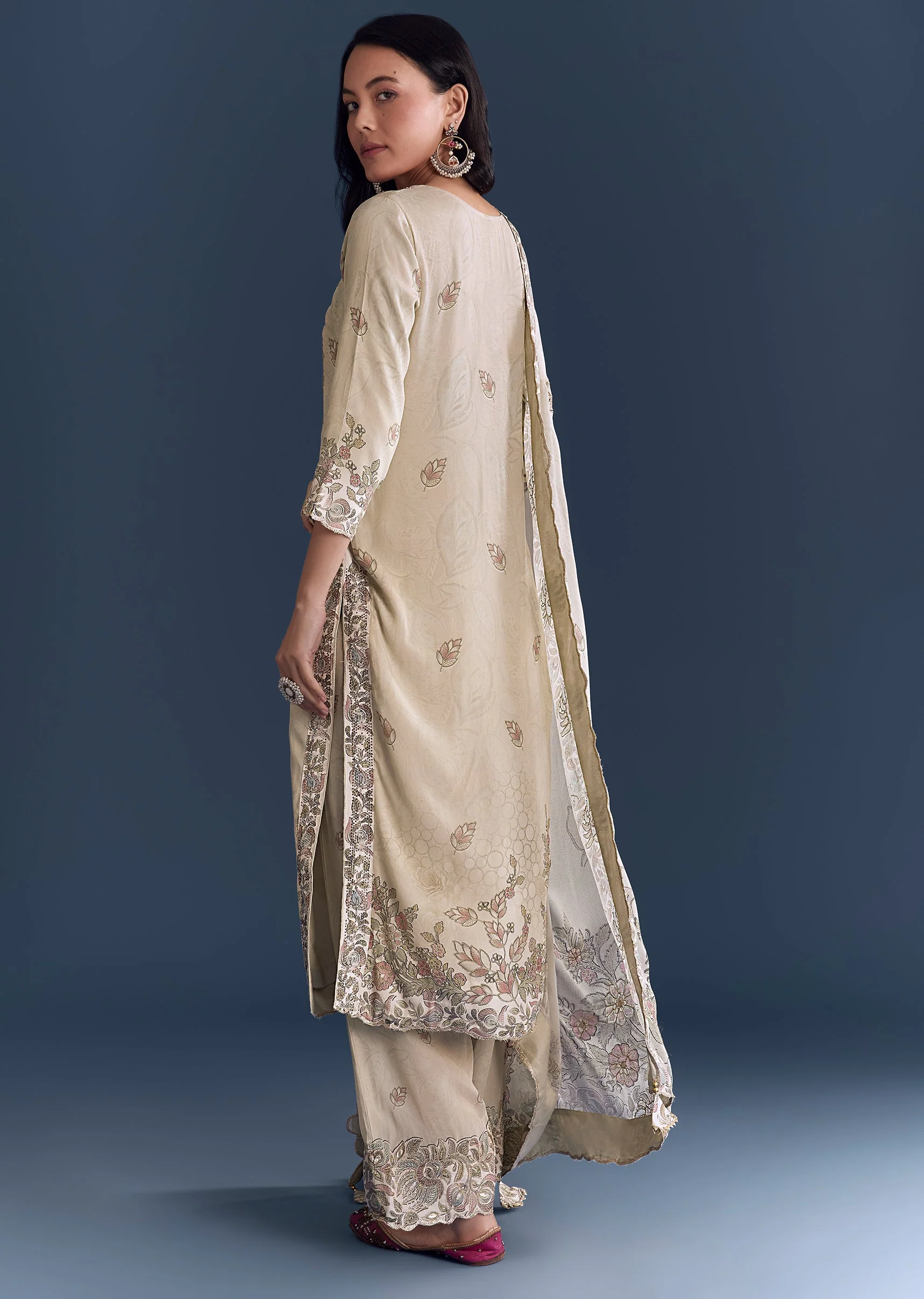 Beige Floral Coordinated Look – Crepe Zari Kurta Set For Her And Beige Embroidered Kurta Set For Him - Image 4