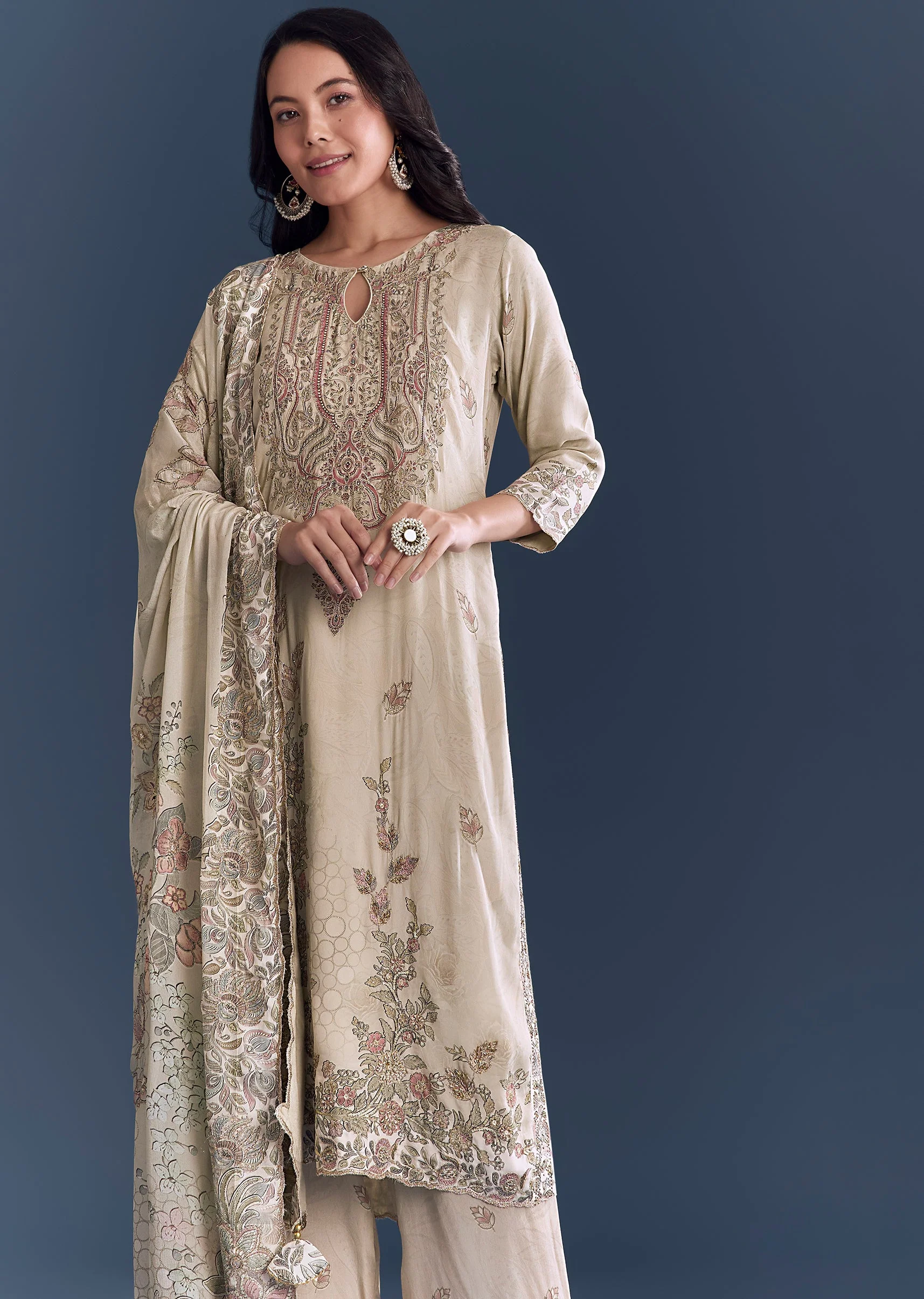 Beige Floral Coordinated Look – Crepe Zari Kurta Set For Her And Beige Embroidered Kurta Set For Him - Image 5