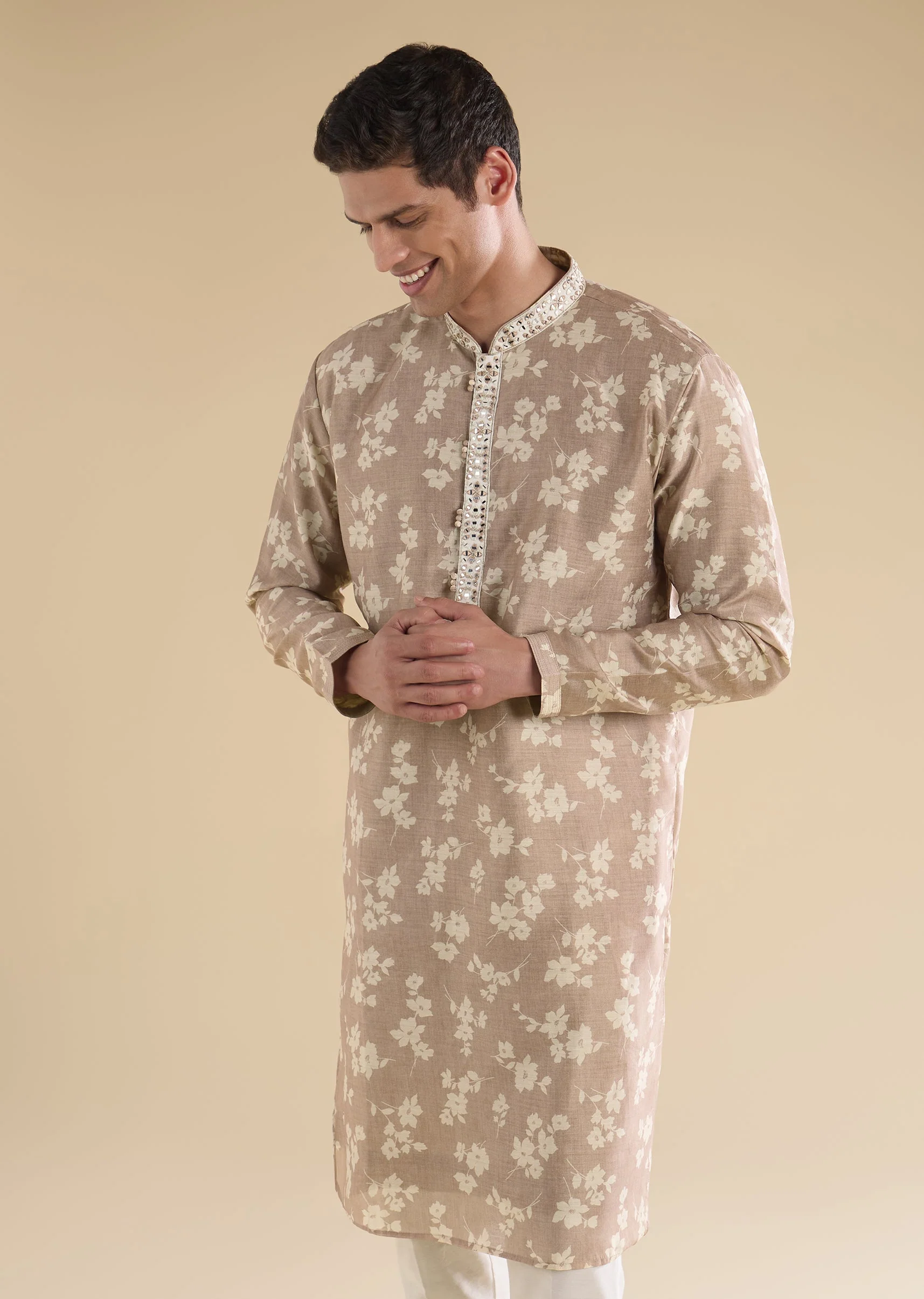 Beige Floral Coordinated Look – Crepe Zari Kurta Set For Her And Beige Embroidered Kurta Set For Him - Image 8