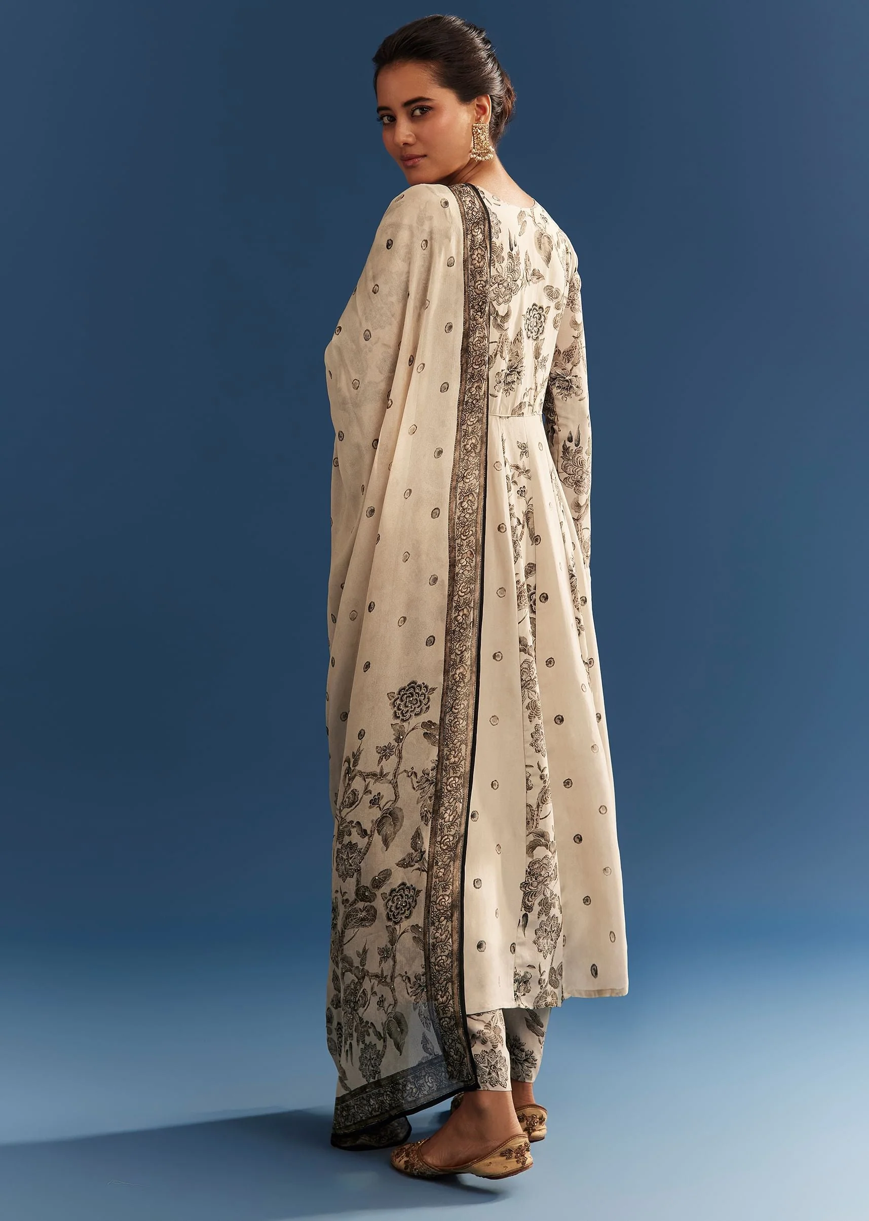 Beige Floral Printed Crepe Anarkali Set With Chinon Dupatta - Image 5