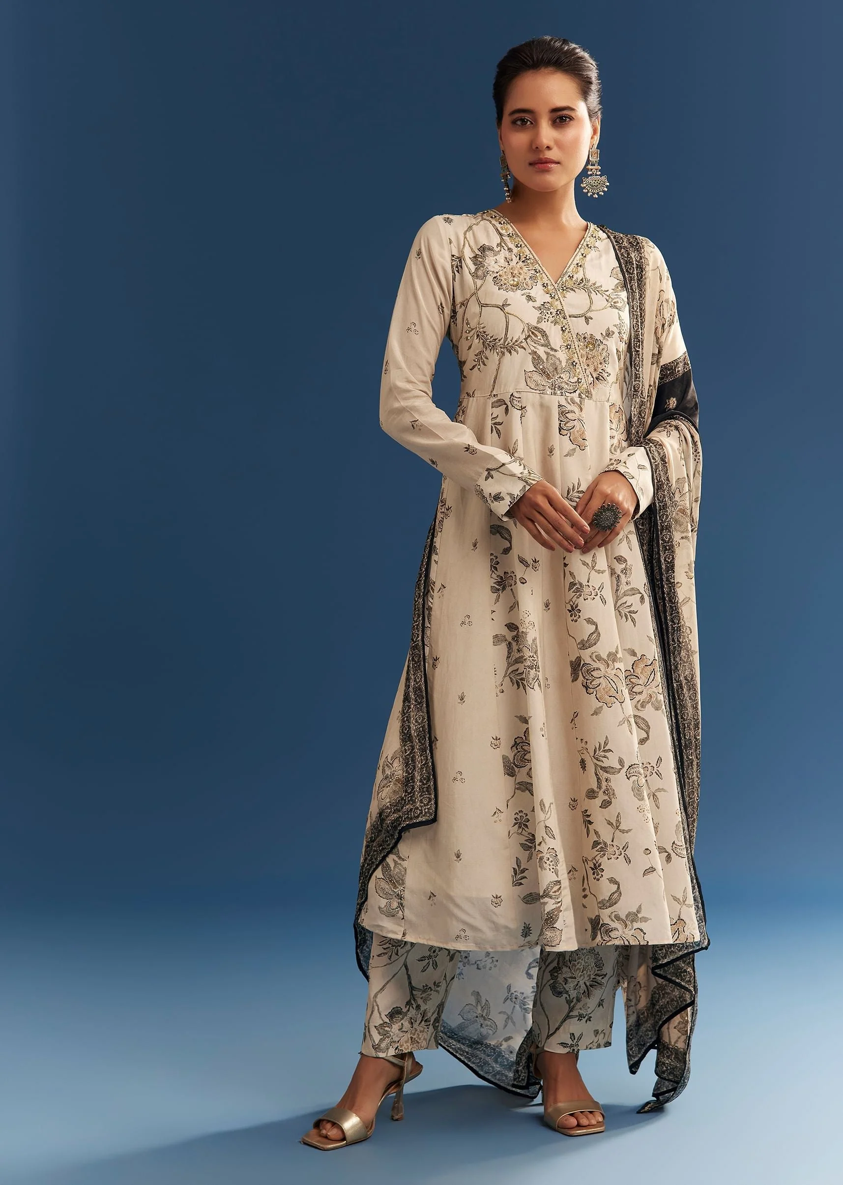 Beige Floral Printed Crepe Anarkali Set With Embroidered Neckline - Image 3