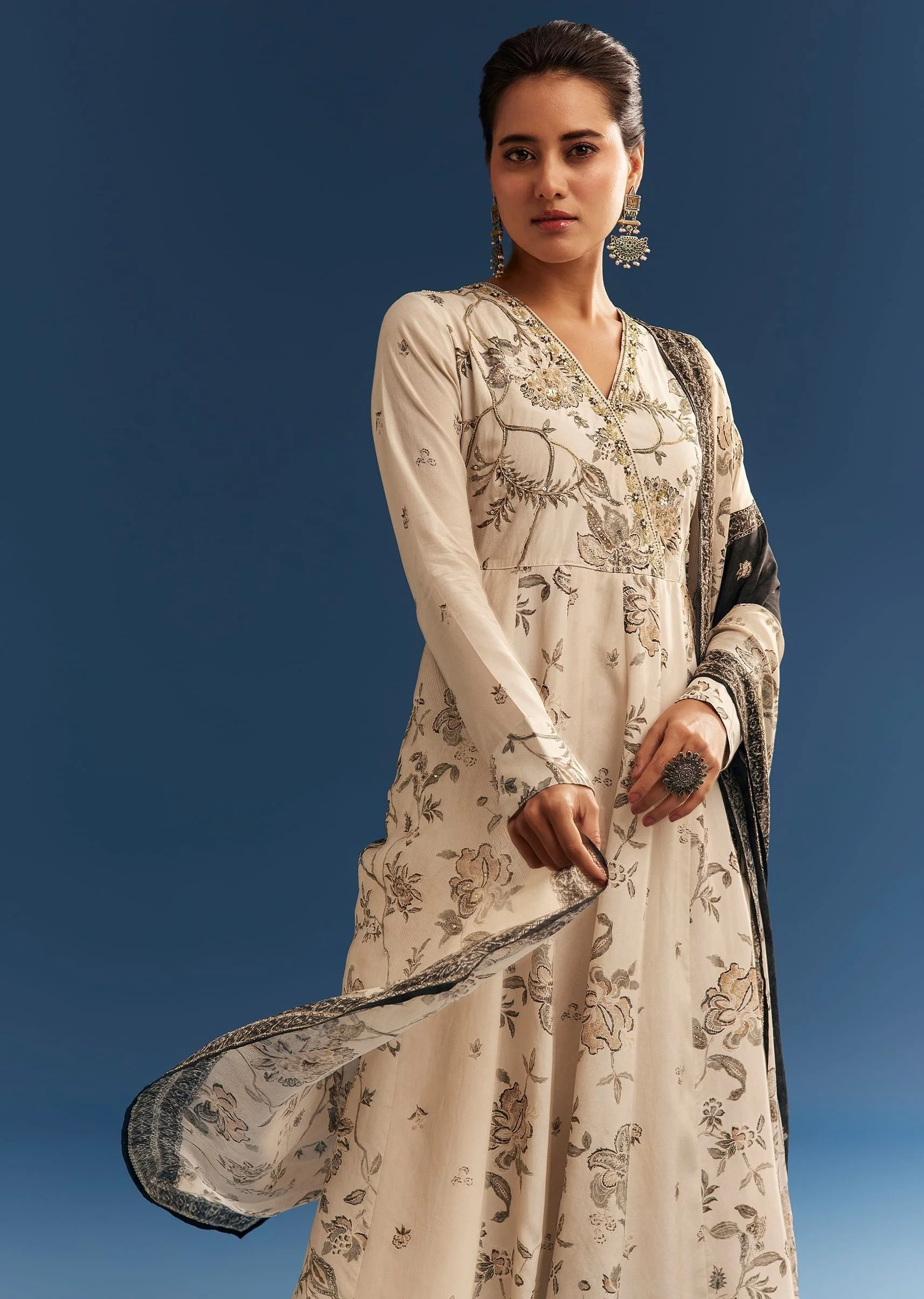 Beige Floral Printed Crepe Anarkali Set With Embroidered Neckline - Image 4