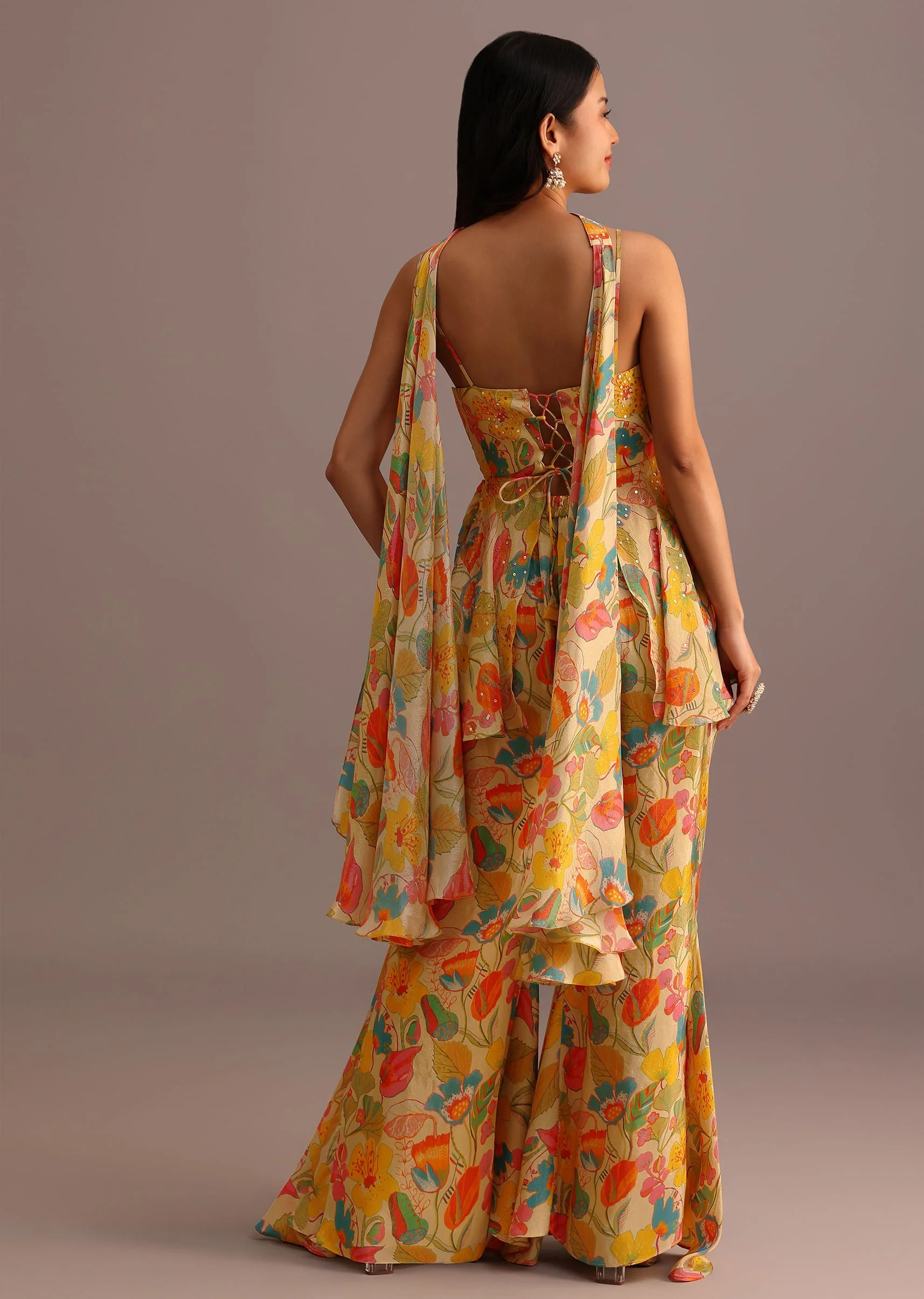 Beige Floral Printed Kurti Sharara Suit With Tissue Dupatta - Image 5