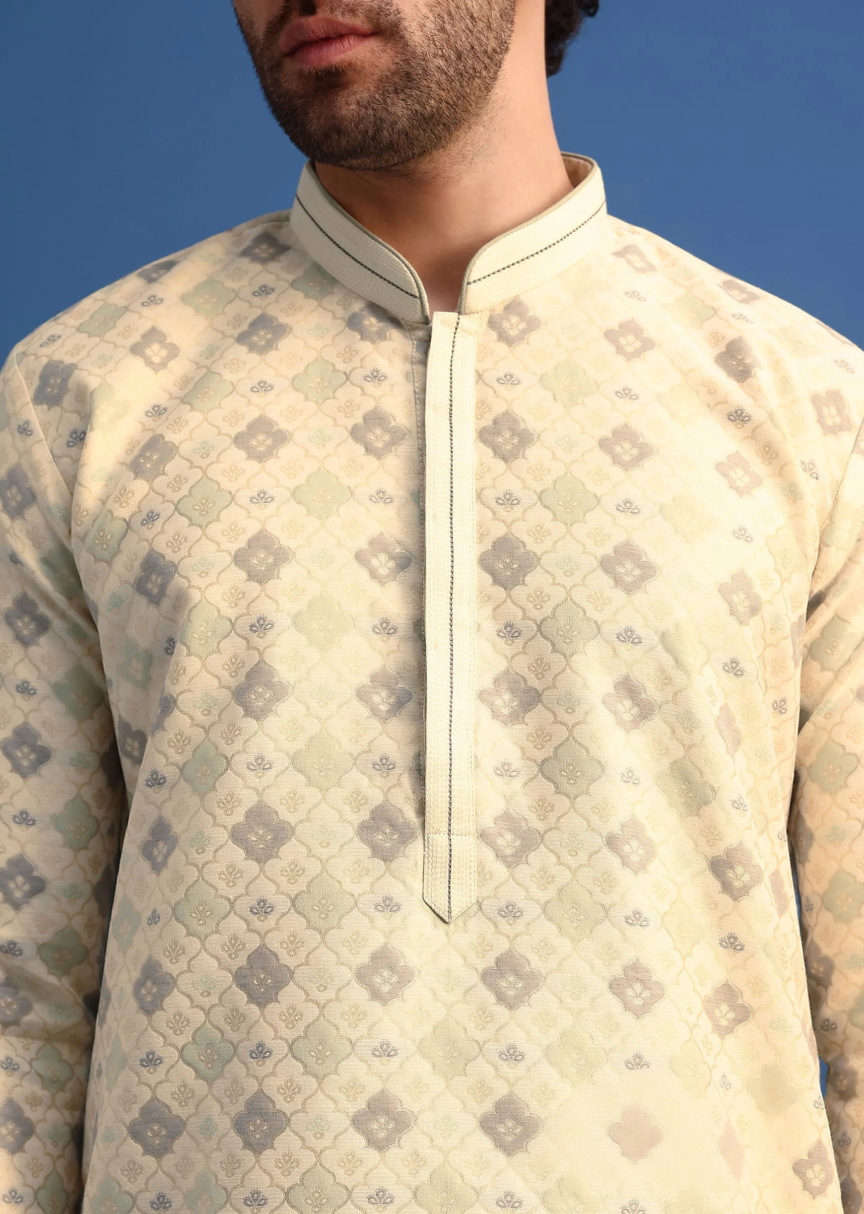 Beige Foil Print Kurta Set - Image 3