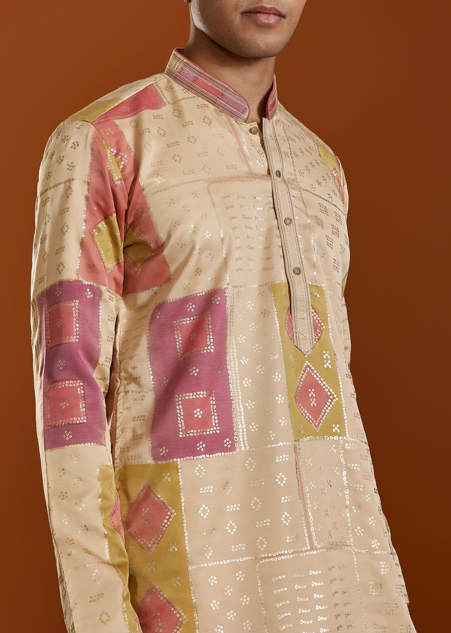 Beige Foil Print Silk Kurta Set - Image 2