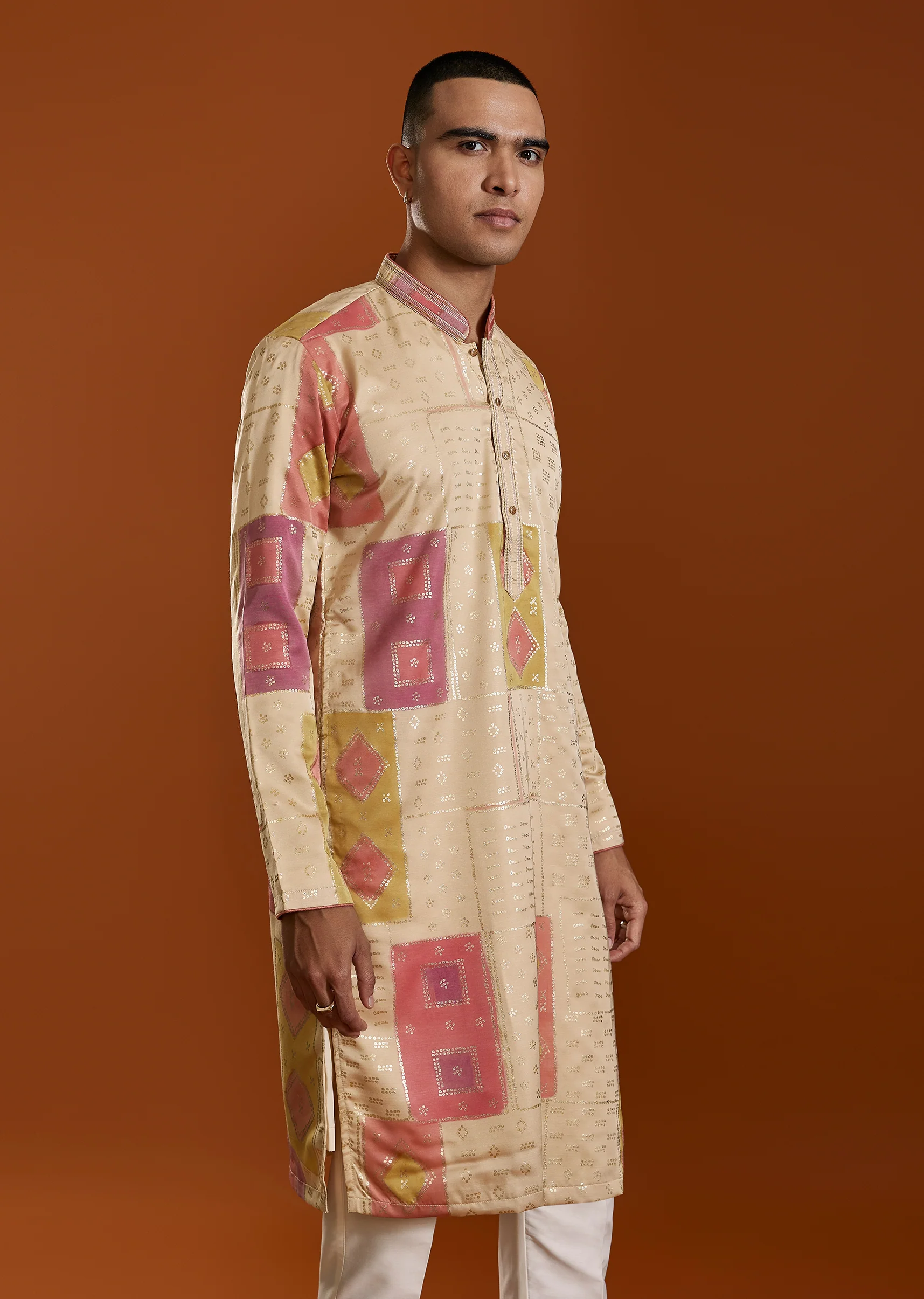 Beige Foil Print Silk Kurta Set - Image 4