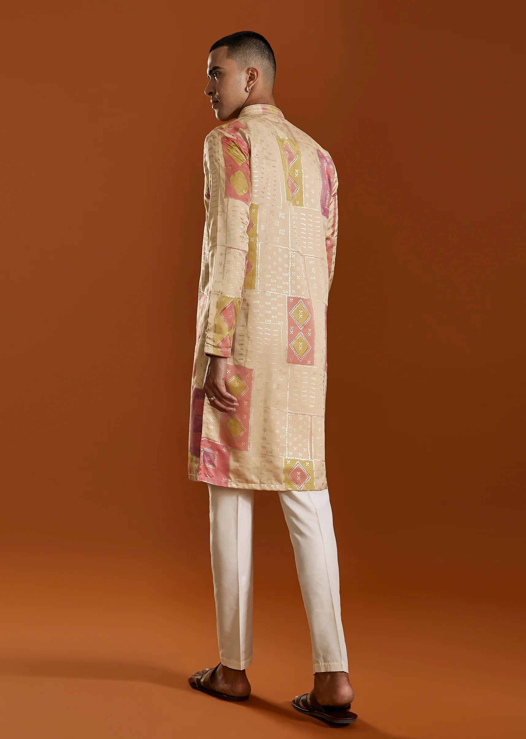 Beige Foil Print Silk Kurta Set - Image 5