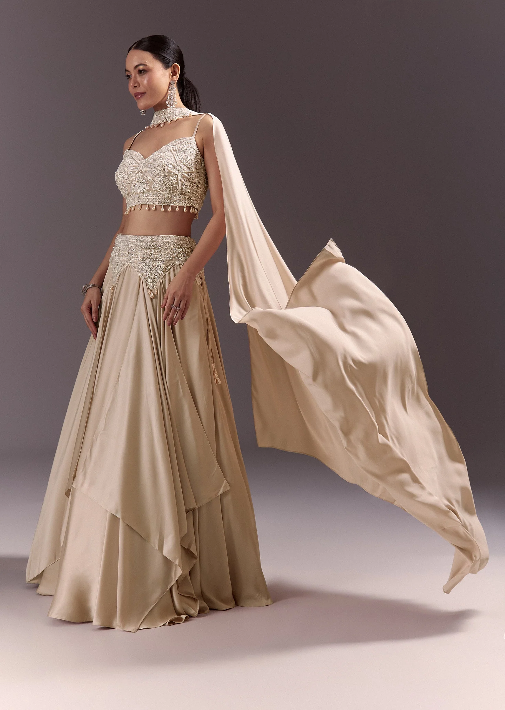 Beige Frill Skirt And Embroidered Blouse Set With Choker Dupatta - Image 3