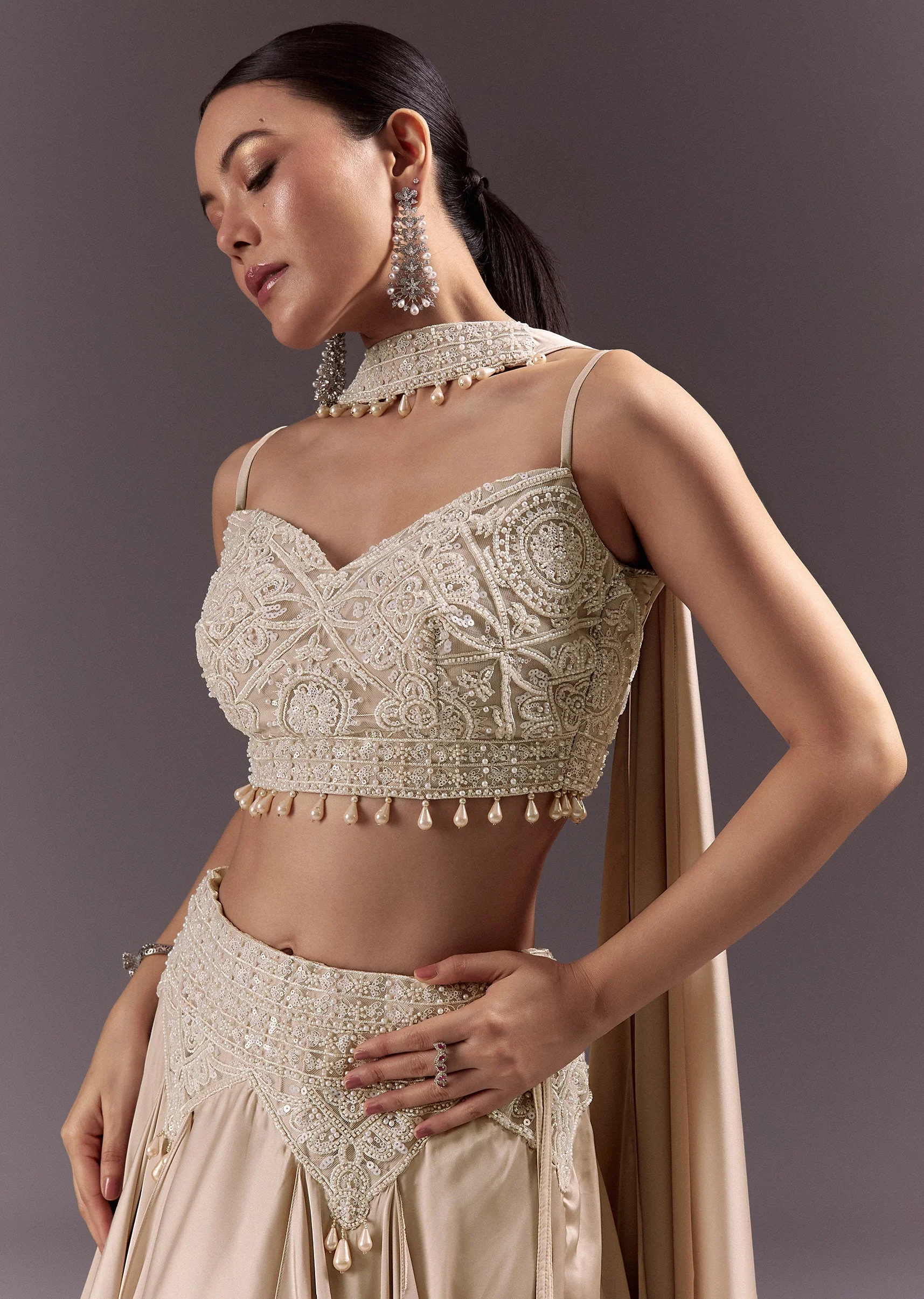 Beige Frill Skirt And Embroidered Blouse Set With Choker Dupatta - Image 4