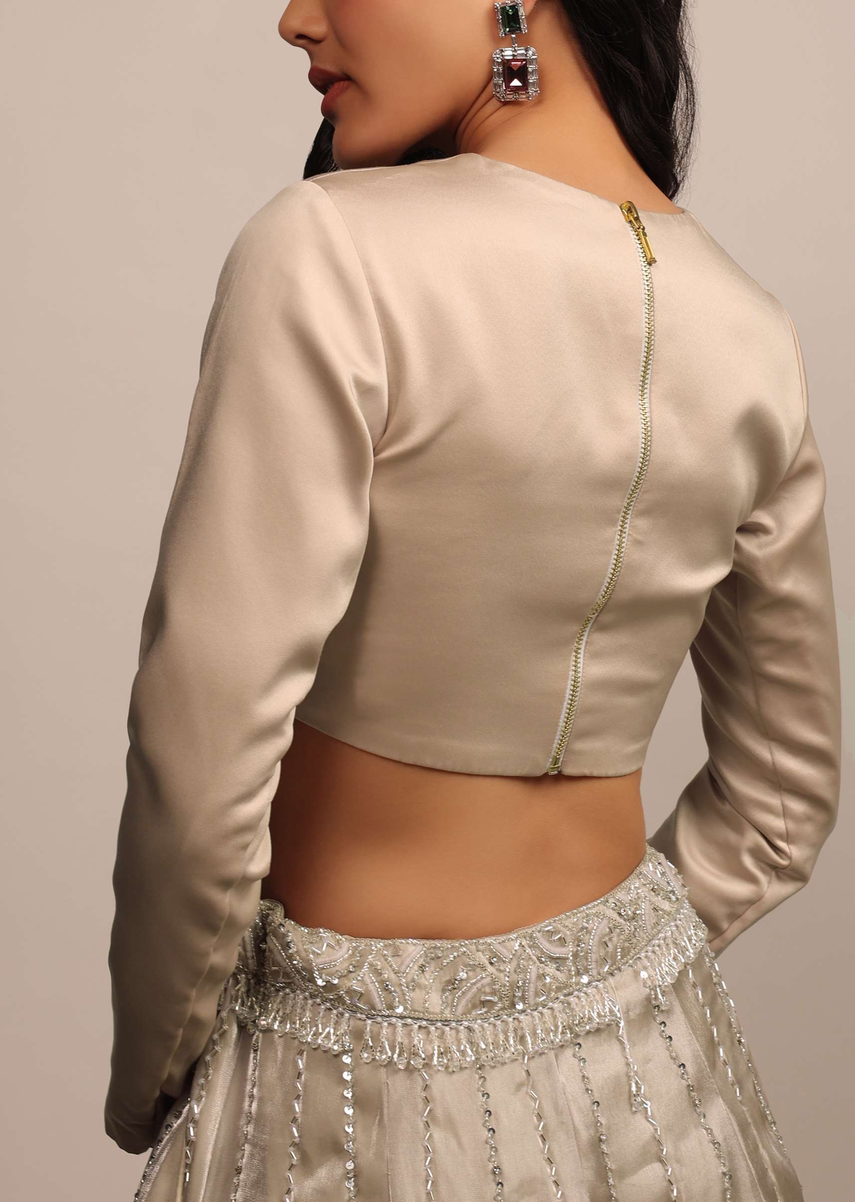 Beige Full Sleeves Blouse in Satin With Round Neckline - Image 2