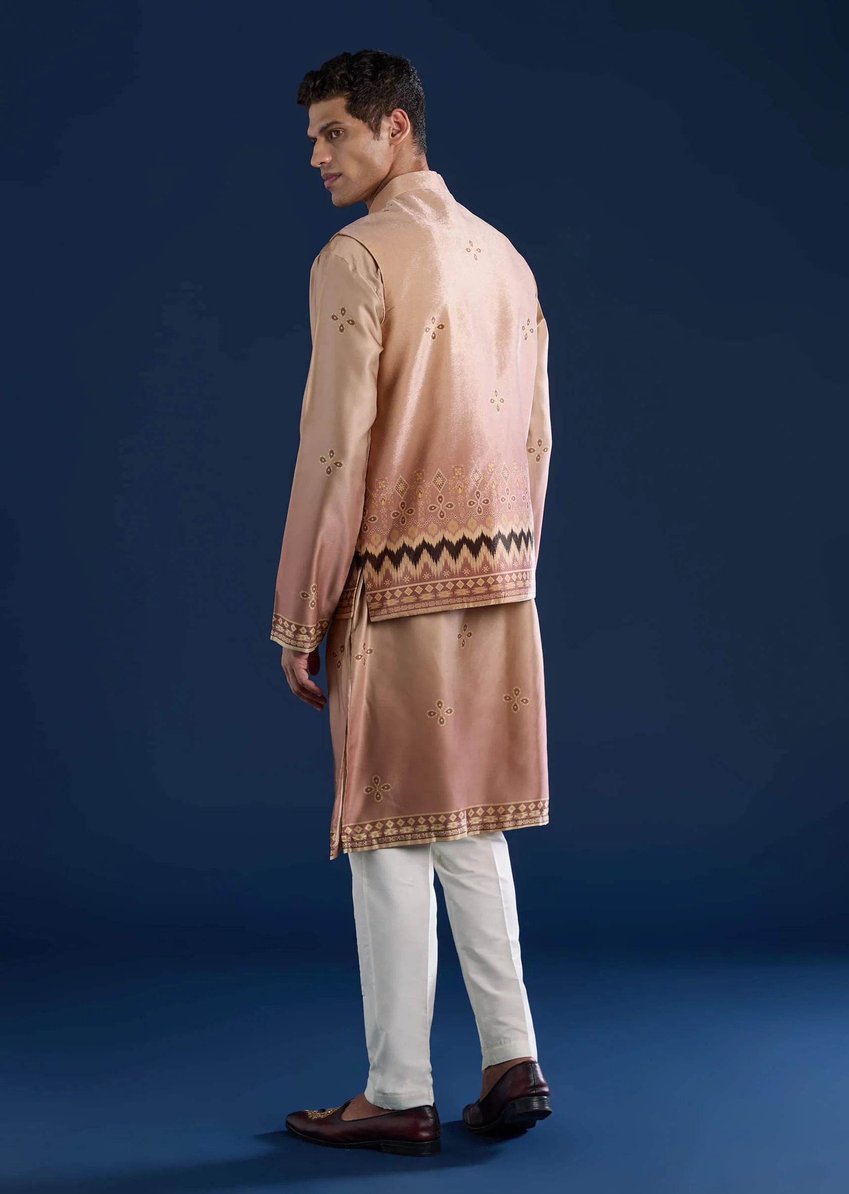 Beige Geometric Print Velvet Jacket and Ombre Kurta Set - Image 5