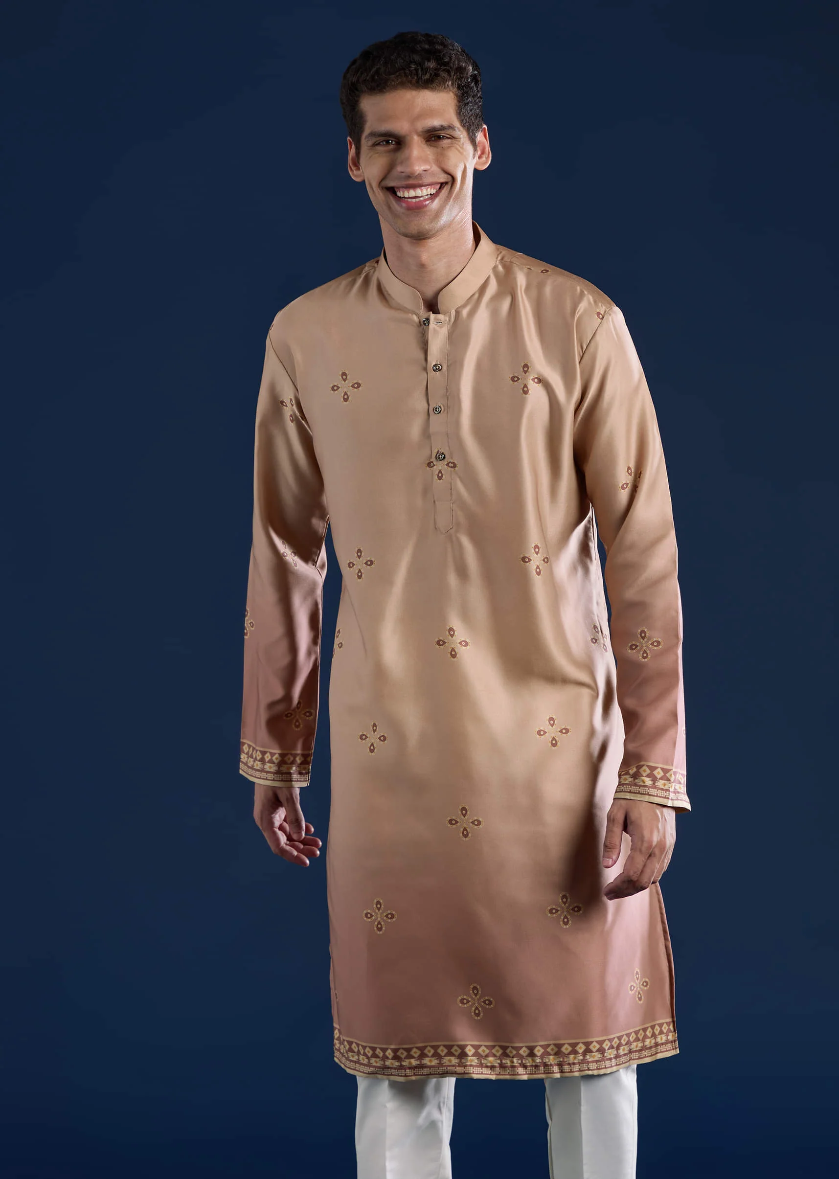 Beige Geometric Print Velvet Jacket and Ombre Kurta Set - Image 6