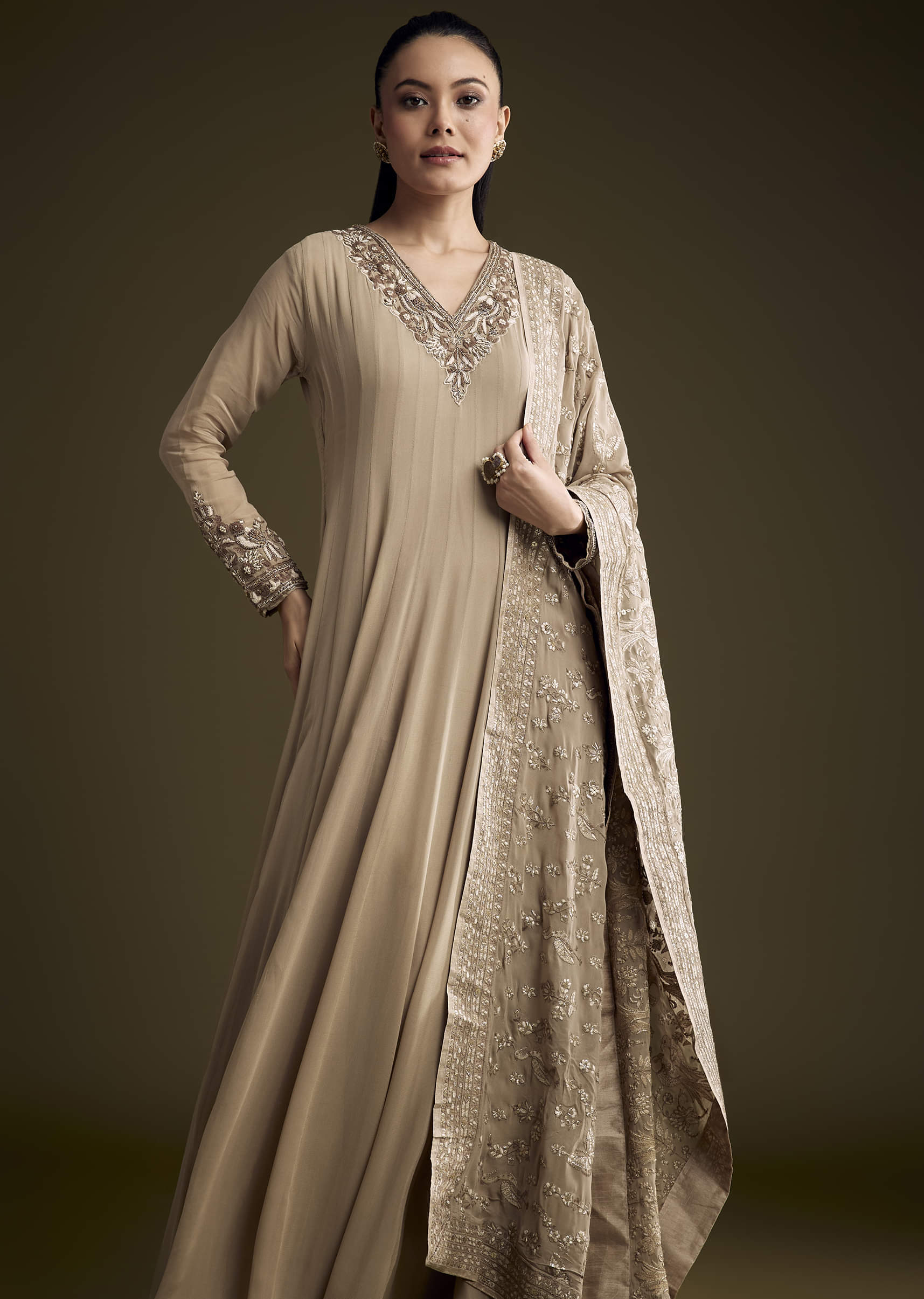 Beige Georgette Anarkali Suit With Sequins And Thread Embroidery - Image 4