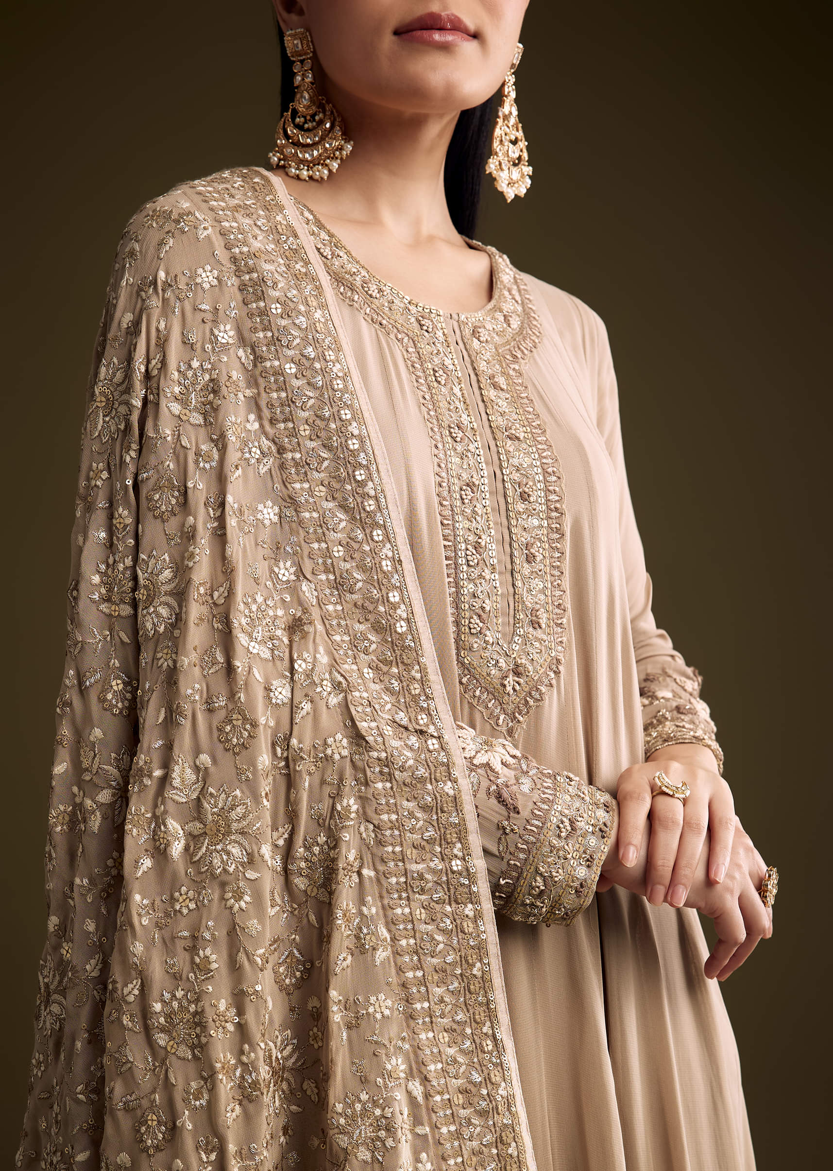 Beige Georgette Anarkali Suit With Thread And Sequins Embroidery - Image 2