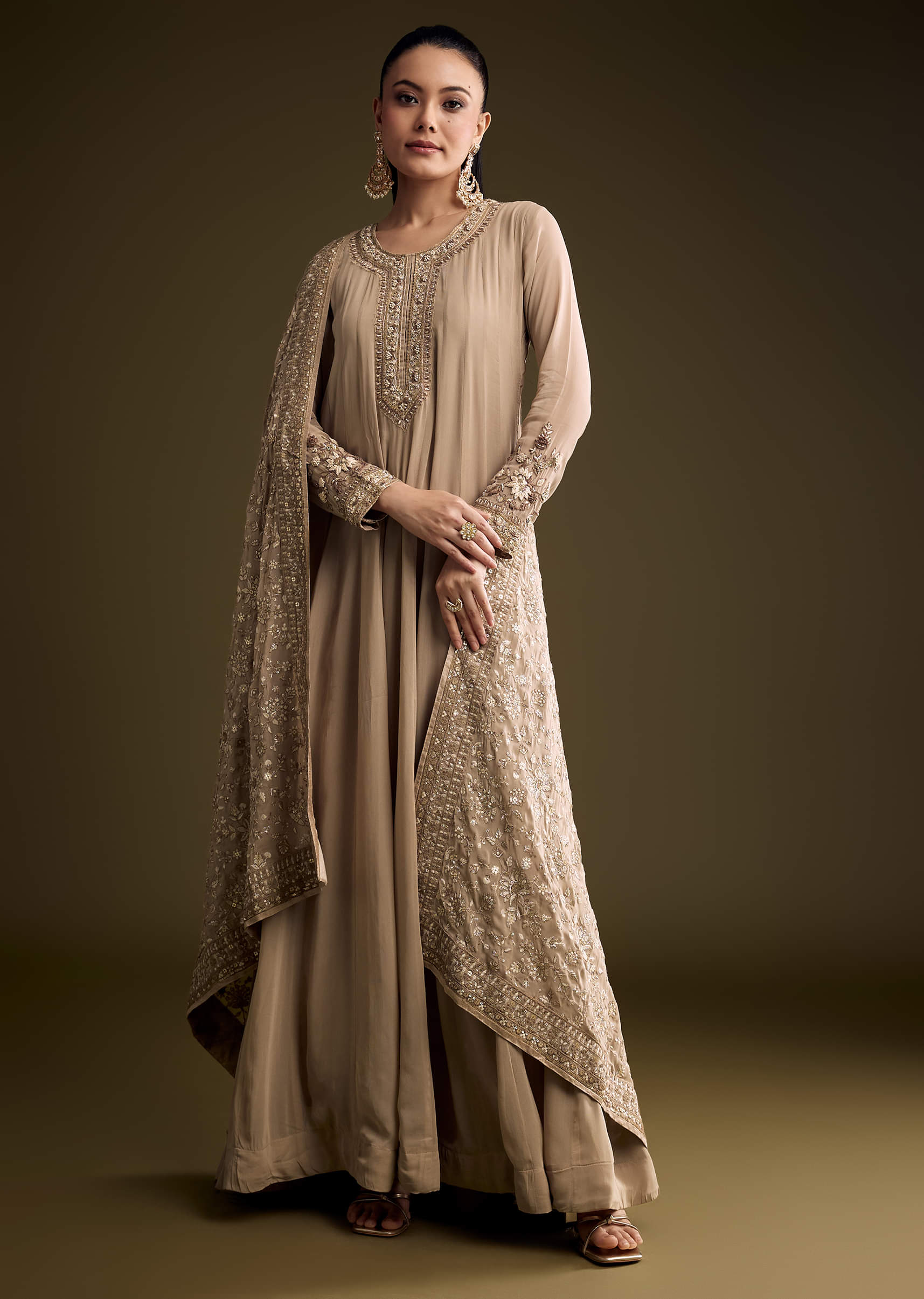 Beige Georgette Anarkali Suit With Thread And Sequins Embroidery - Image 3