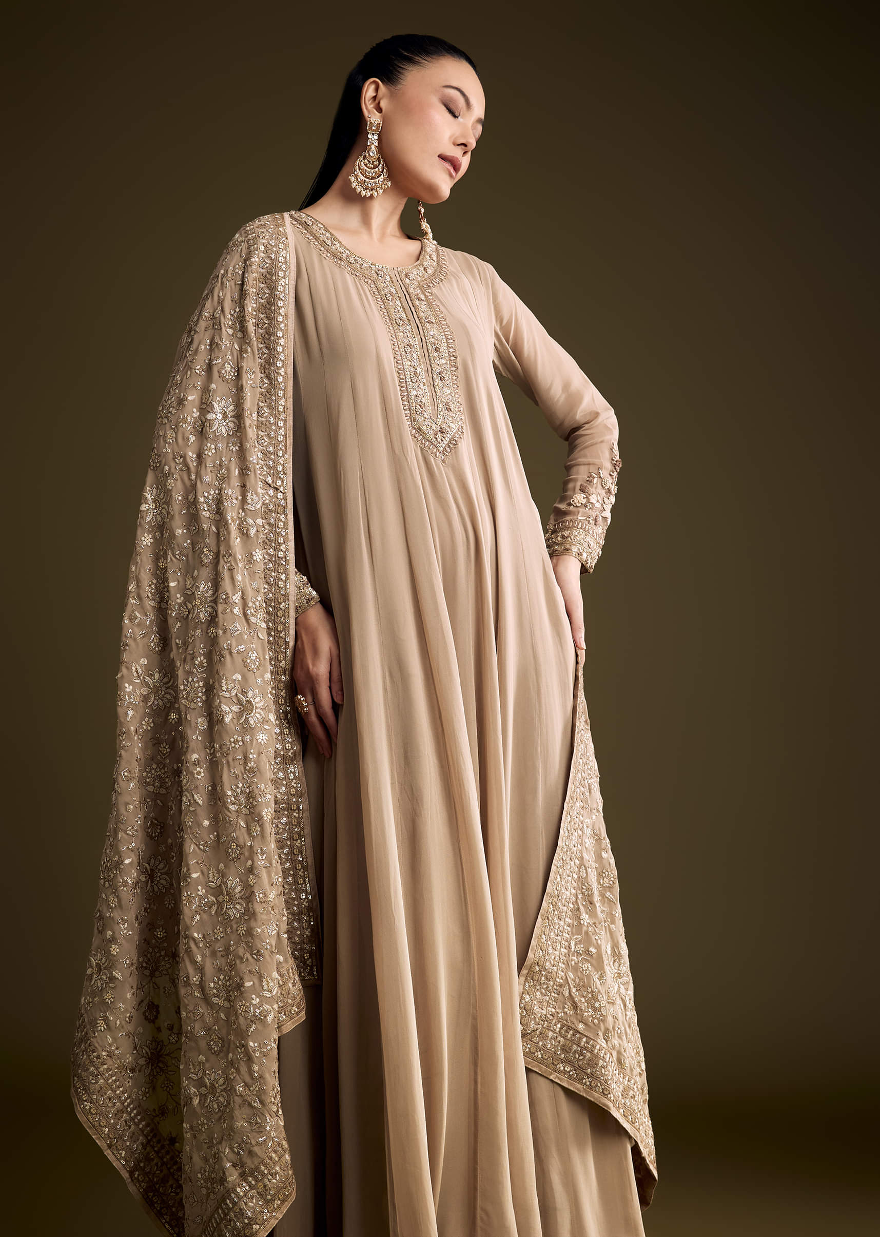 Beige Georgette Anarkali Suit With Thread And Sequins Embroidery - Image 4