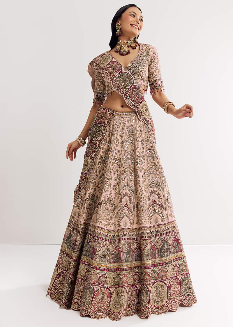 Beige Georgette Printed V Neckline Lehenga With Crepe Dupatta - Image 2