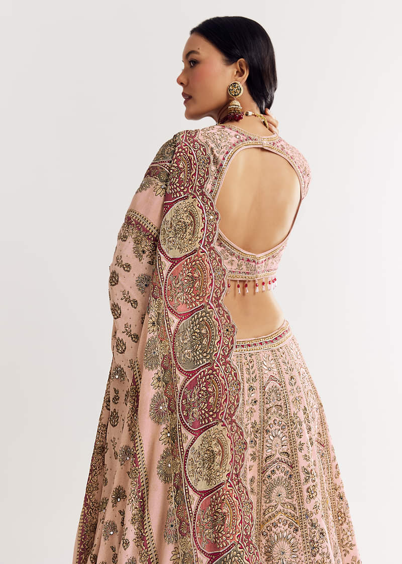 Beige Georgette Printed V Neckline Lehenga With Crepe Dupatta - Image 5