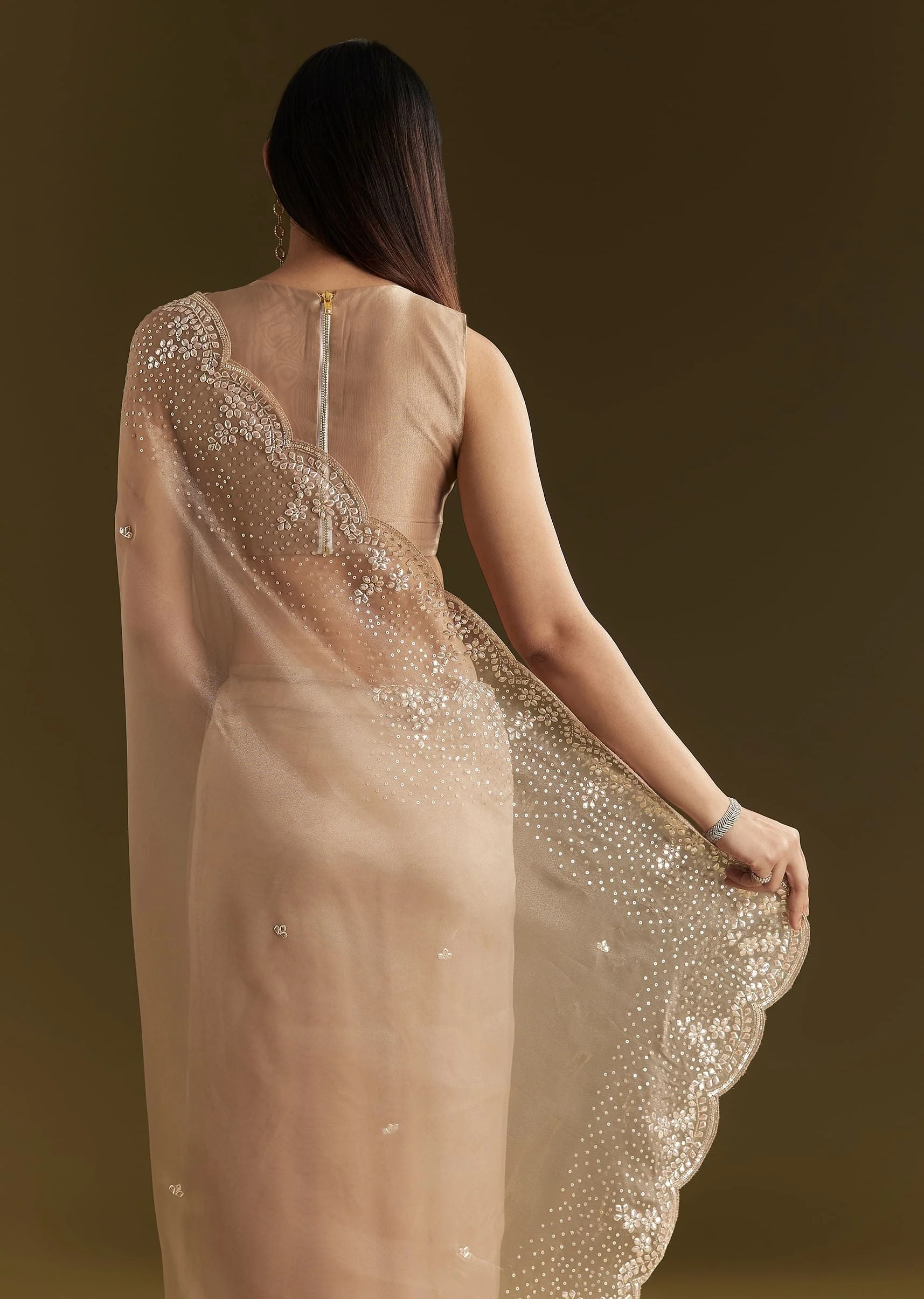 Beige Glass Tissue Embroidered Saree With Scallop Border - Image 6